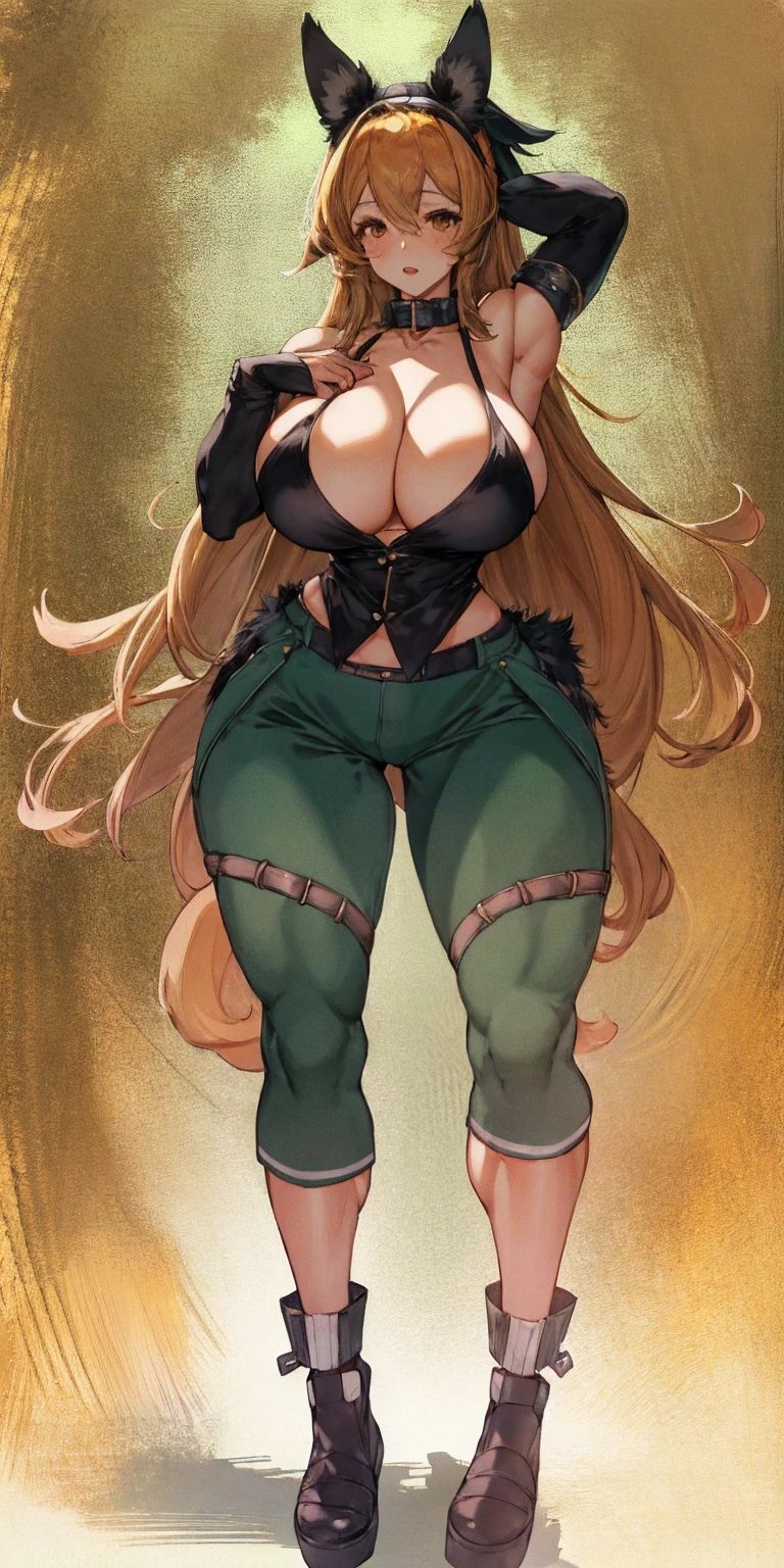 1girl, solo, looking at viewer, orange hair, blonde hair, hair between eyes, bangs, brown eyes, breasts, large breasts, animal ears, collar, black hairband, hairband, tail, dog tail, green pants, dog ears, cleavage, floppy ears, black collar, dog girl, bare shoulders, detached sleeves, anime coloring