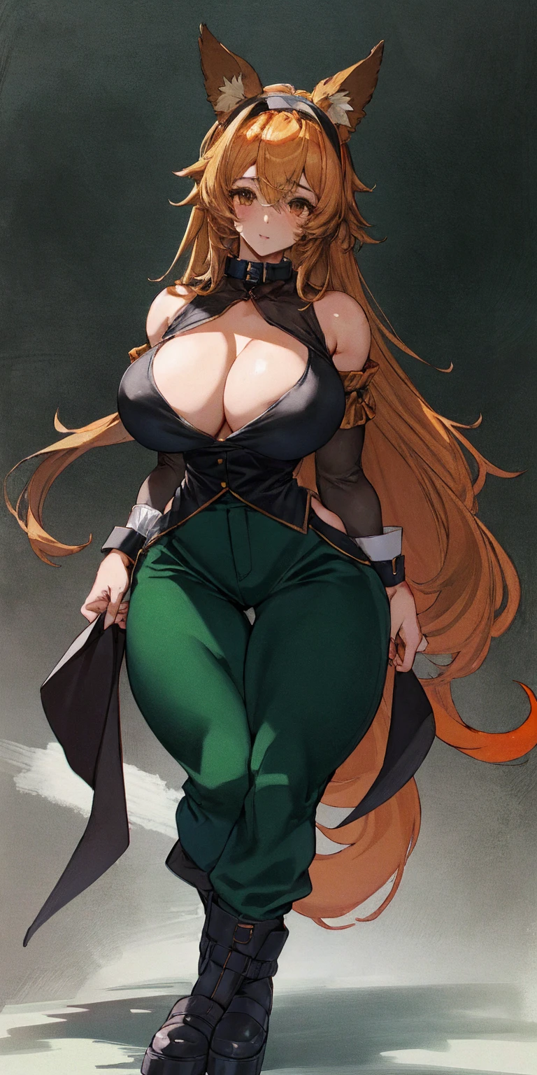 1girl, solo, looking at viewer, orange hair, blonde hair, hair between eyes, bangs, brown eyes, breasts, large breasts, animal ears, collar, black hairband, hairband, tail, dog tail, green pants, dog ears, cleavage, floppy ears, black collar, dog girl, bare shoulders, detached sleeves, anime coloring