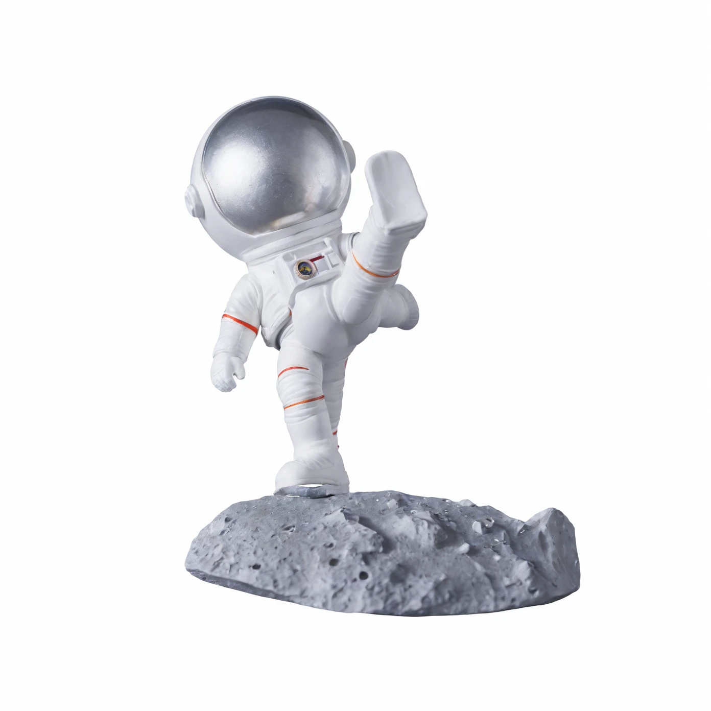 a close up of a toy astronaut on a rock with a space suit, spaceman standing looking, silver space suit, astronaut standing looking, astronaut, small astronaut looking up, astronaut on the moon, lunar walk, detailed astronaut, astronaut walking, on moon, on the moon, astronauts waving hello, standing on the moon, cosmonaut, space walk scene