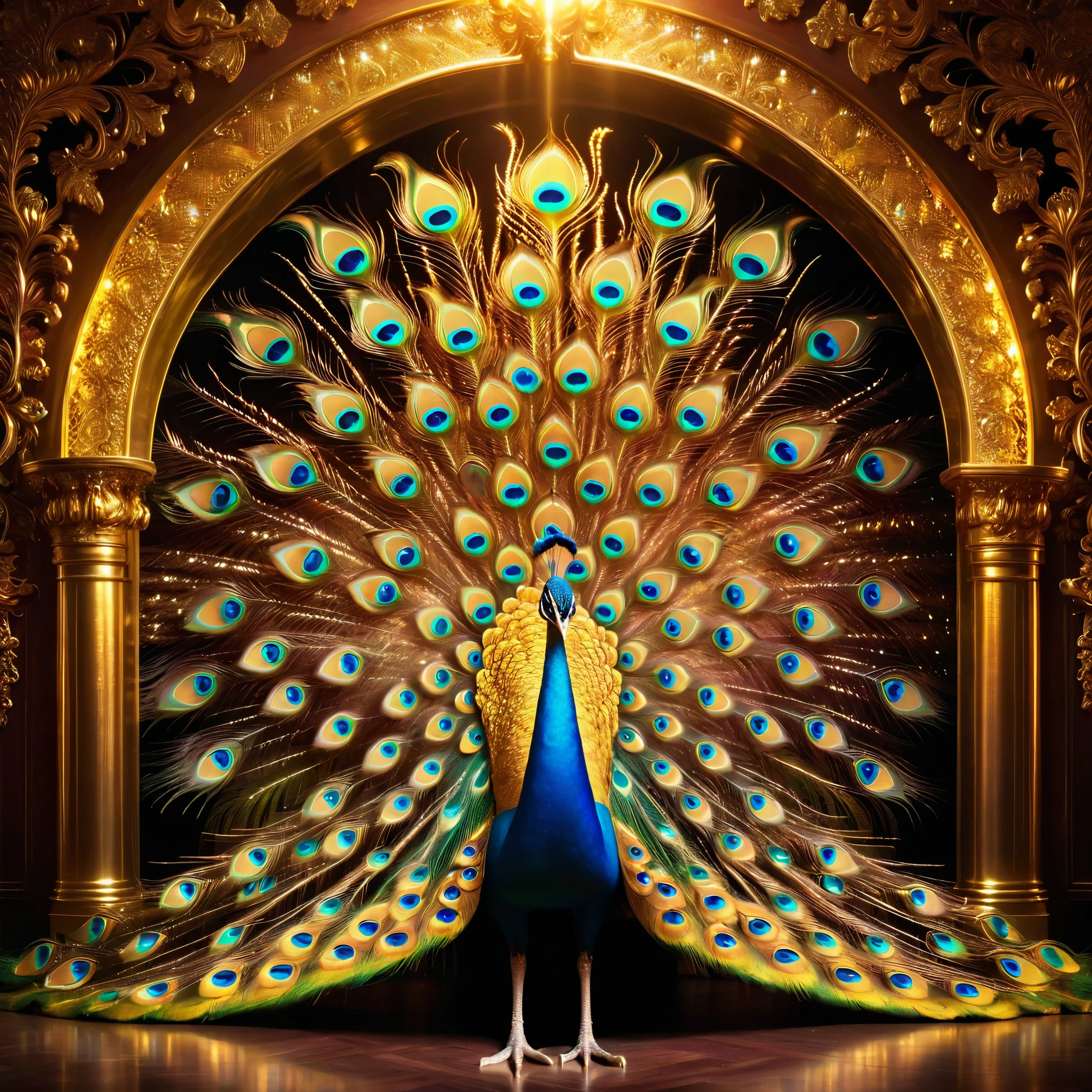 Golden Peacock，Front upright，Peacock opens the screen，Looking at the audience，fantasy，Colorful tones，masterpiece，Dramatic ethereal beauty，Panoramic view：1.2，Three light sources，reflected light