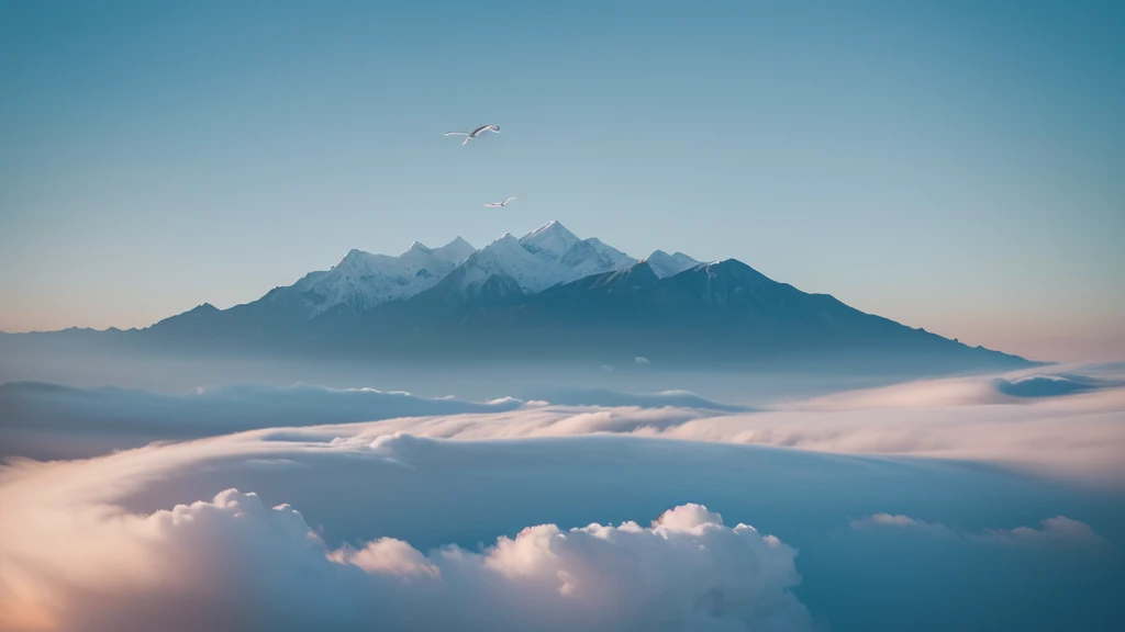 A landscape in the sky with white and light blue as the base, with a red ribbon in the upper left corner and a red ribbon in the lower right corner, and a few birds flying in the sky. Realistic, landscape, 4k, suitable for PPT production.