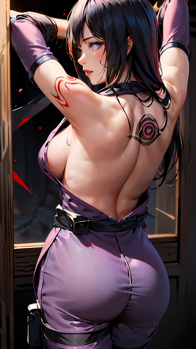 ((Seductive Ninja Woman:1.6))、(Long black hair、Purple Eyes)、((tight black and red ninja outfit、Exposed shoulders and back、Ninja Tool Pouch、Toned figure))、Confident expression、Fighting pose with kunai、Moonlit night view of Konohagakure Village、Realistic anime style, ((pubic tattoo, glowing tattoo))