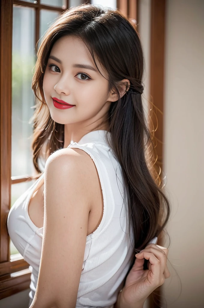 Selena Gomez, beautiful smile, white shirt and black tie, Hair tied high, long thick curly eyelashes, skin tone makeup, black red lipstick