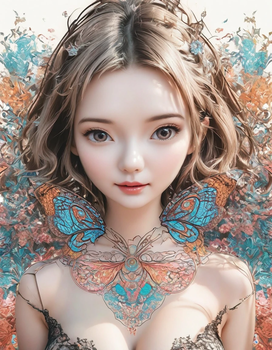 girl，portrait，Vector Art，Vector Art：1.2，Floral Pattern：1.1，Geometric elements，Sharp lines，X-rays，Neon Colors，beautiful eyes，Color Palette，Line Art，Hair and Butterfly Transformation，Symmetrical balance，Fantasy elements，Dreamy atmosphere，Geometric symmetry，Soft Light，Vague，White background，Ease：Digital Illustration。