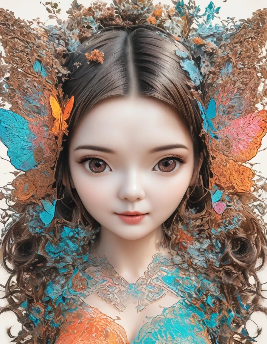 girl,portrait,Vector Art,Vector Art:1.2,Floral Pattern:1.1,Geometric elements,Sharp lines,X-rays,Neon Colors,beautiful eyes,Color Palette,Line Art,Hair and Butterfly Transformation,Symmetrical balance,Fantasy elements,Dreamy atmosphere,Geometric symmetry,Soft Light,Vague,White background,Ease:Digital Illustration。