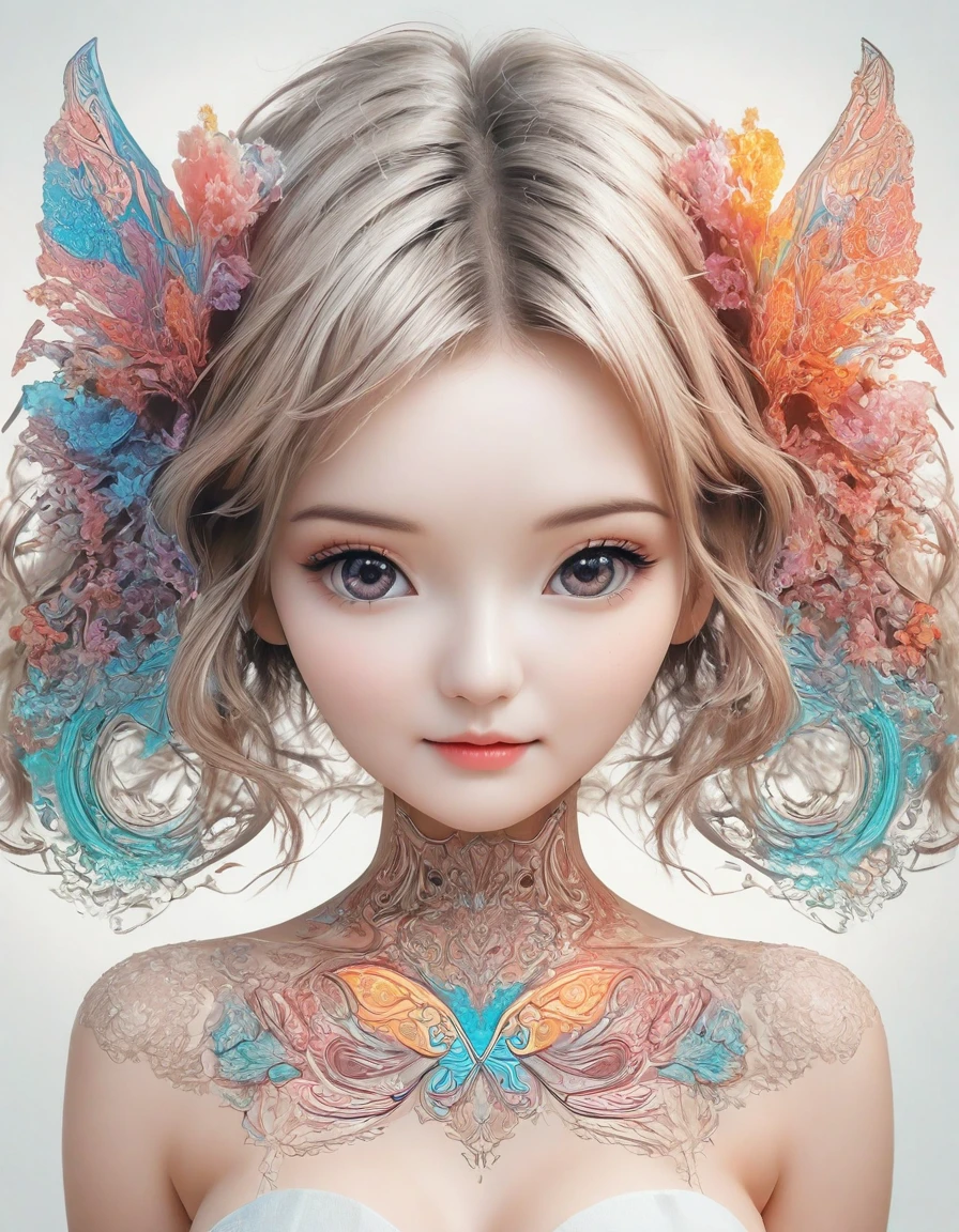 girl，portrait，Vector Art，Vector Art：1.2，Floral Pattern：1.1，Geometric elements，Sharp lines，X-rays，Neon Colors，beautiful eyes，Color Palette，Line Art，Hair and Butterfly Transformation，Symmetrical balance，Fantasy elements，Dreamy atmosphere，Geometric symmetry，Soft Light，Vague，White background，Ease：Digital Illustration。