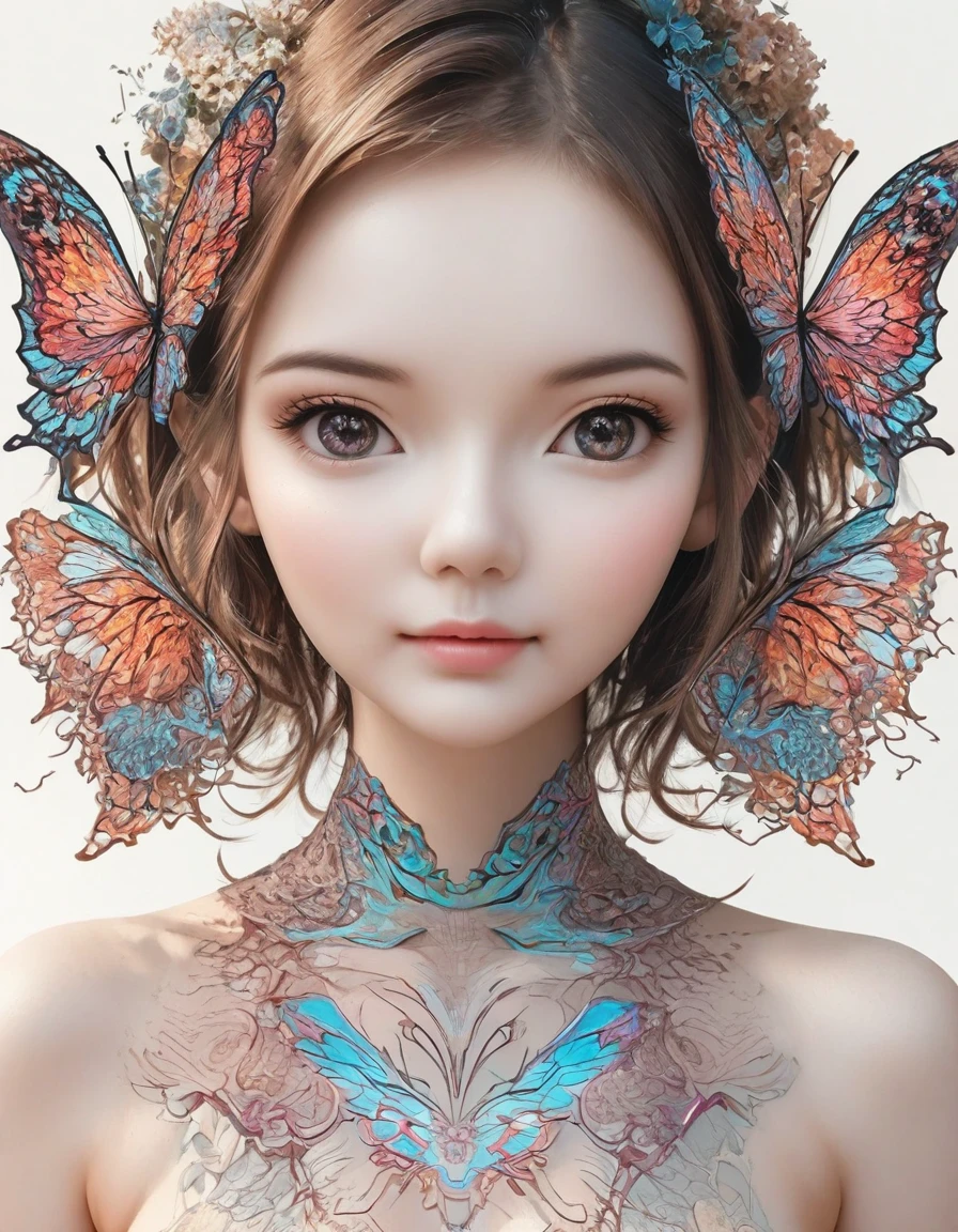 girl,portrait,Vector Art,Vector Art:1.2,Floral Pattern:1.1,Geometric elements,Sharp lines,X-rays,Neon Colors,beautiful eyes,Color Palette,Line Art,Hair and Butterfly Transformation,Symmetrical balance,Fantasy elements,Dreamy atmosphere,Geometric symmetry,Soft Light,Vague,White background,Ease:Digital Illustration。
