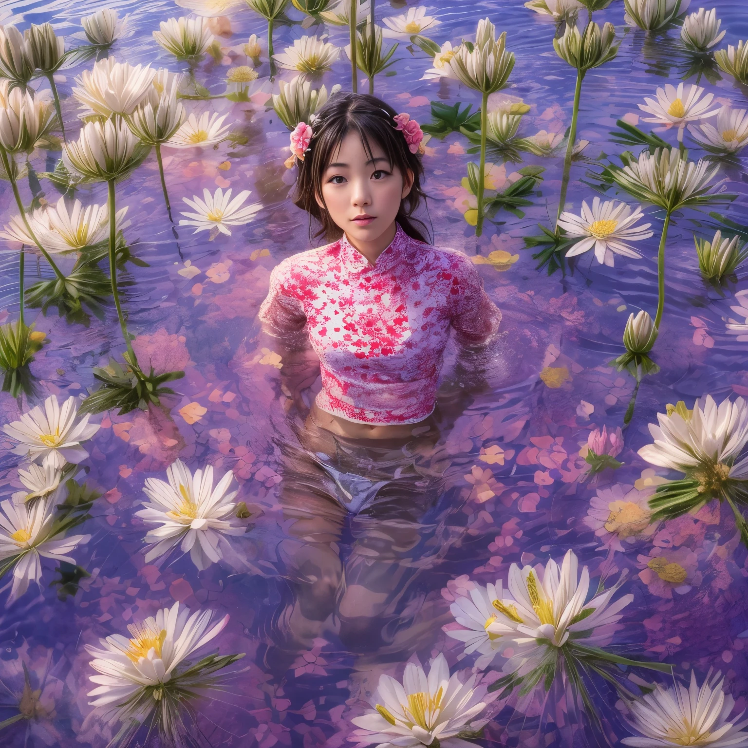 ExtremelyDetailed(ProfessionalPhoto of Girl Floating in the Sky:1.37), 280th floor infinity pool,The tallest building in the urban forest, {Around bonsai|Luo Han Song|coconut palms|tulips|Rose flower}, (Masterpiece 8K TopQuality:1.2), ExtremelyDetailed KAWAII face Eyes BREAK Detailed impeccable Radiant PearlSkin with Transparency (Skinny SchoolSwimwear:1.28) beautiful graceful {HiddenHand|Corrected BabyLikeHand} (Whole Body Proportions and all limbs are Anatomically Accurate), Full of Flowers