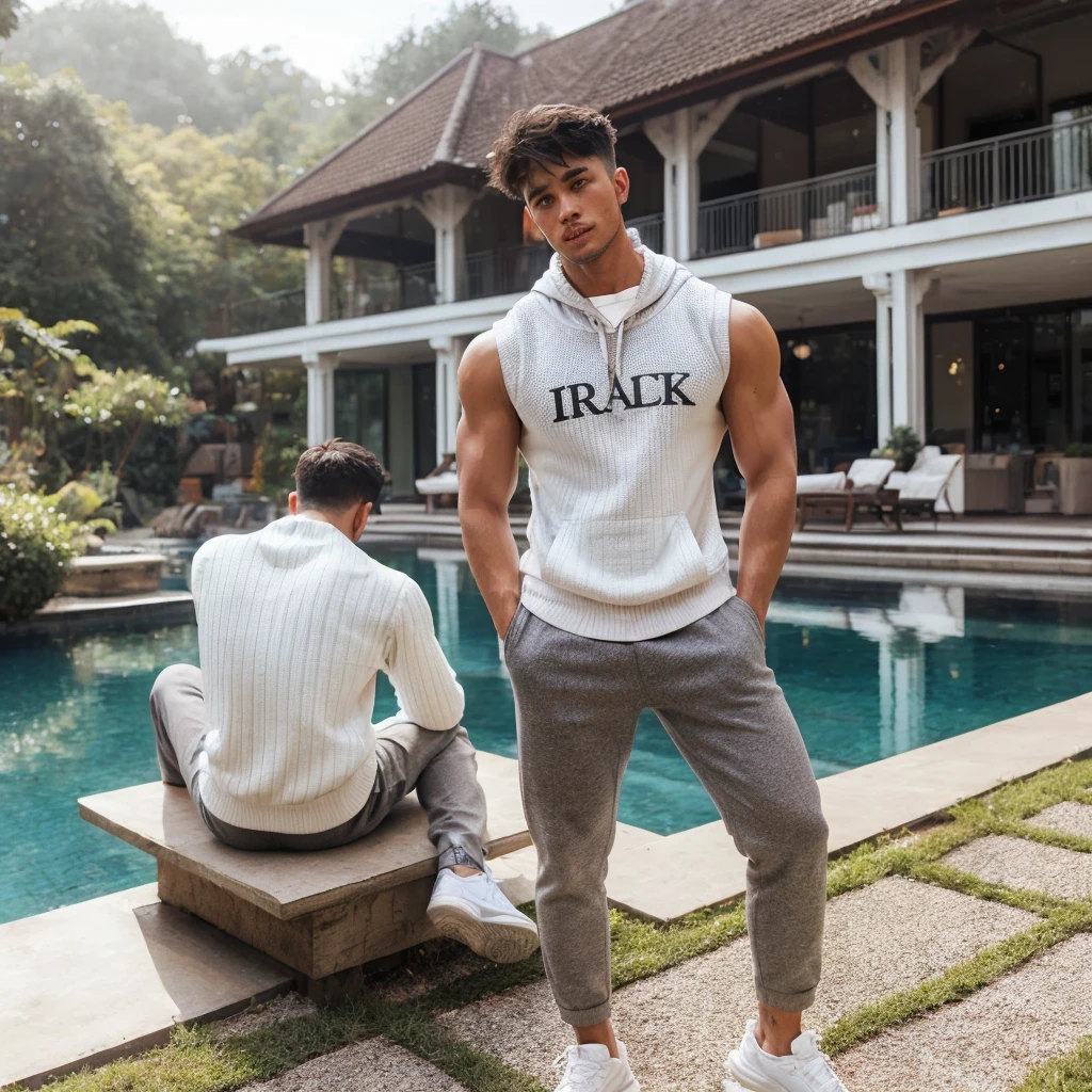 A handsome man wearing a short-sleeved hoodie, was standing relaxed