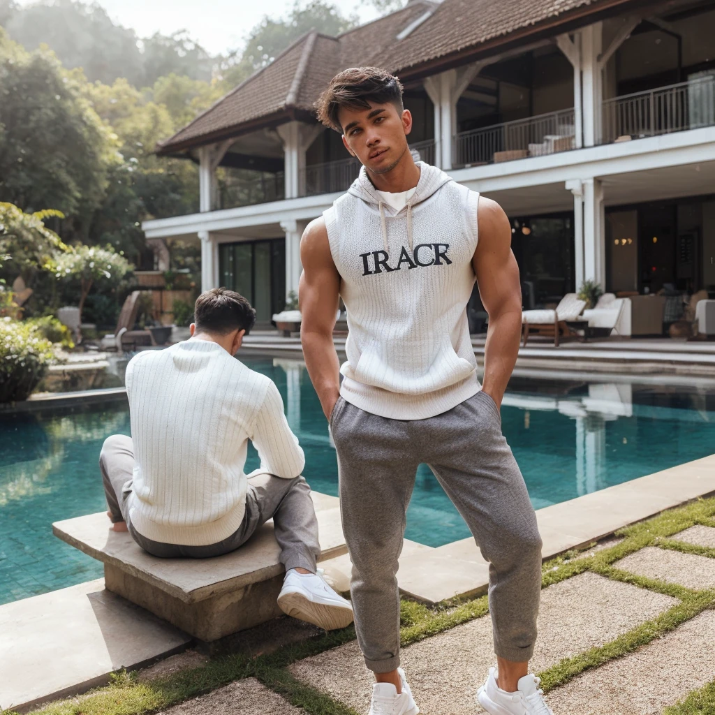 A handsome man wearing a short-sleeved hoodie, was standing relaxed 