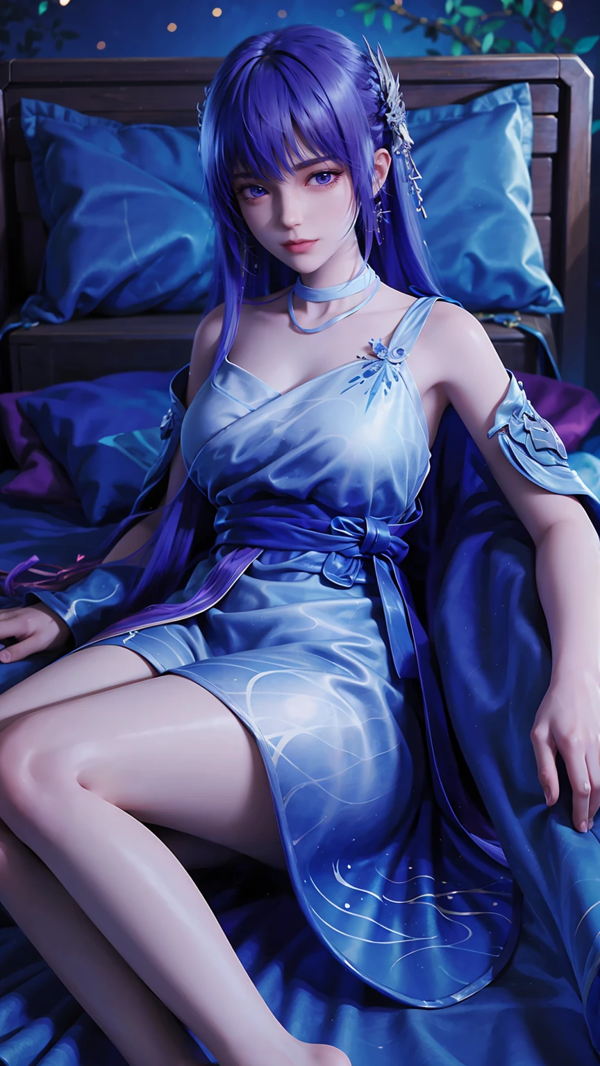 一个女孩Lying in bed,Face up,Raise your legs slightly,Front view super detailed beautiful big breasted girl 16 years old. Ultra HD, 4K, 8K, Movie,whole body,Lying down,Long legs,Very big breasts,whole body捕捉,(((Lying in bed))),(((whole bodyLying in bed))),Blue bed,Off-shoulder,Shoulder to shoulder,Lying in bed,Sleeping on the pillow,Lying down,Headrest pillows,