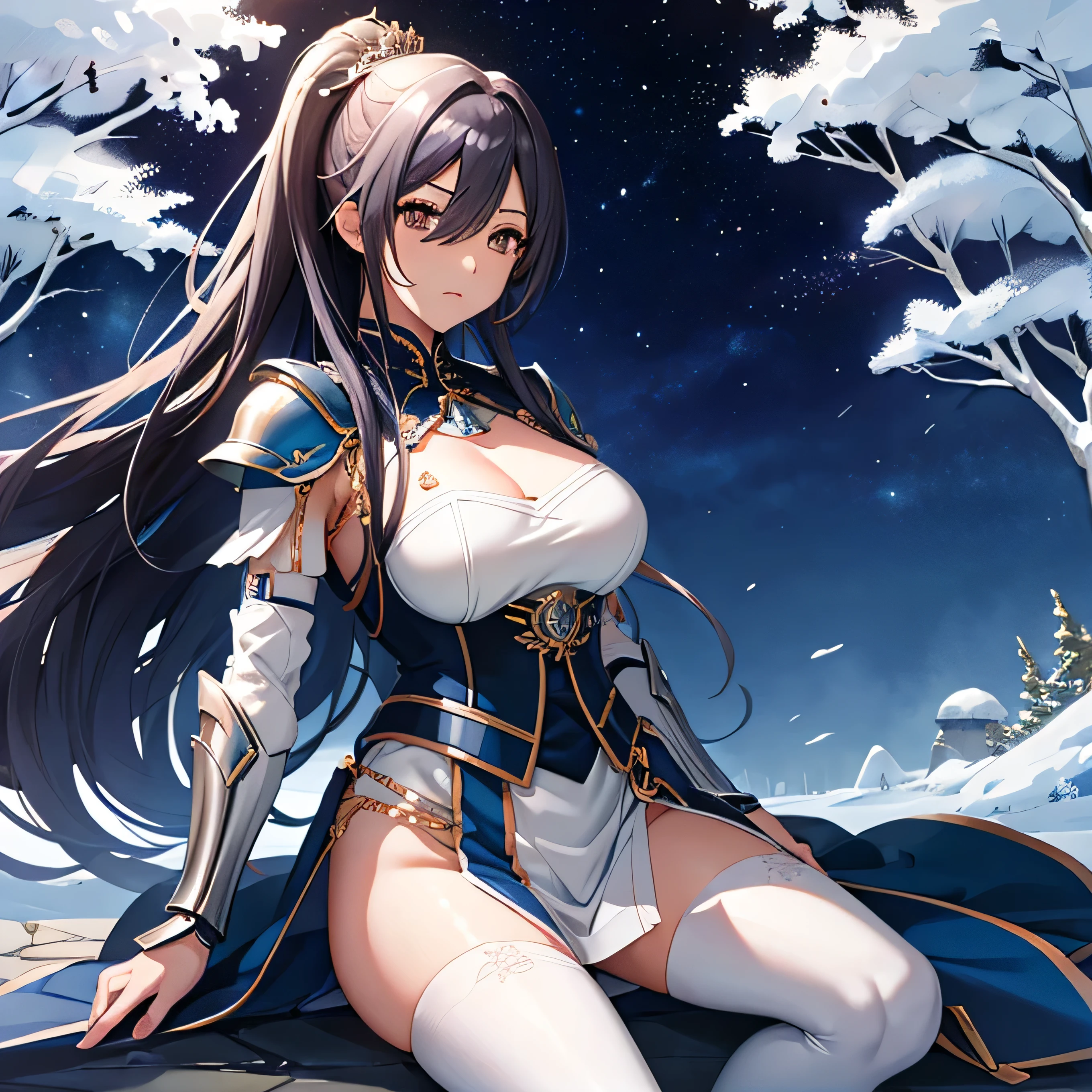 Highest quality、Very detailed、High resolution illustrations、Ultra-high-definition CG、8k size wallpaper、Production art、Light Novel Illustration、sakuya shirase、Midnight blue long ponytail、Platinum tiara with blue gemstones、Red eyes、(Tree Eyes), Cool and sharp features, Female magical warrior、white&Gold breastplate、Blue and white leotard、(((With side armor and long slits、Blue and gold embellished pencil skirt)))、Half puff sleeves with shoulder pads、A large white ribbon with a large sapphire on the chest、White and blue long gloves、white and blue thigh-high stiletto boots、whole body、She has a sword with a glowing blue blade..