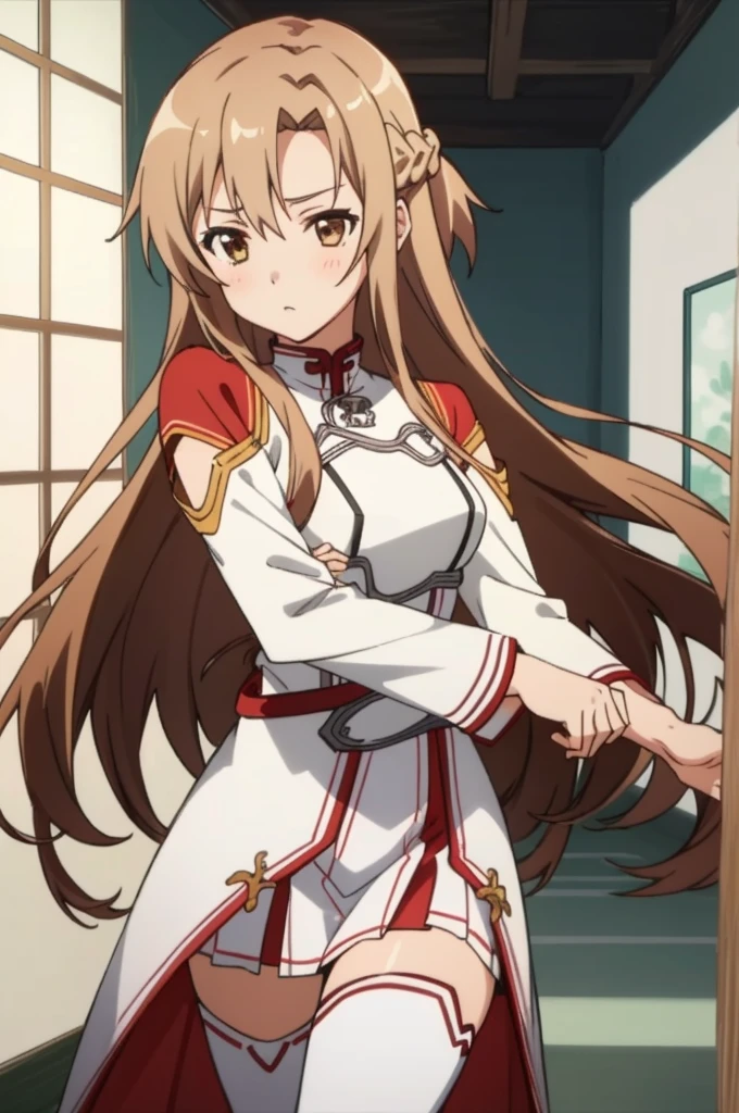 (masterpiece, best quality),  intricate details,
1girl,  yuuki asuna, kizukiai, brown hair, brown eyes, medium breasts, long hair, braid, kotbo, white gloves, white uniform, white boots, red skirt, red straps,