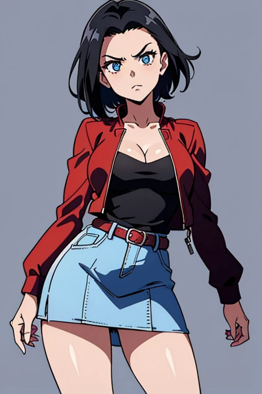 red jacket, black miniskirt, cleavage, cute, (((view from front))), anime, 2D, HD, 8K, 90s style, 1girl, black hair, ((white skin)), , standing, (((cowboy shot))), medium breasts, forehead, serious, blue eyes, short hair, simple background, kasuki takahashi style, white background