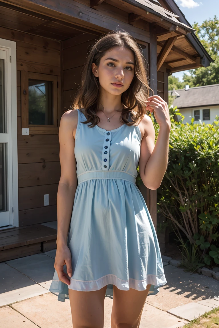 A beautiful woman with light delicately filtering through her hair, her summer dress is beautiful and she's standing in front of a cottage