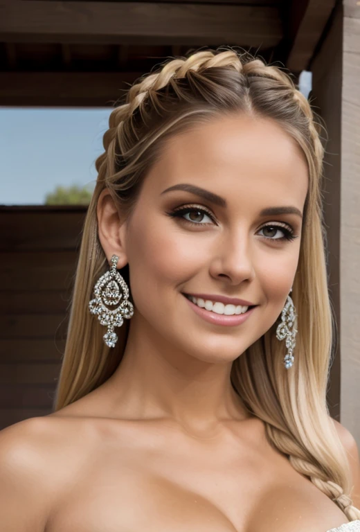 (Masterpiece, Best Quality), intricate details, realist, photorealist, a close up of a woman wearing aretes, , wrapped in crystals, silver color, long aretes,  huge earrings, platinum jewelry, arete, impeccable structure, silver arete,  detailed skin, skin texture, perfect smile, sensual look, braids in hair