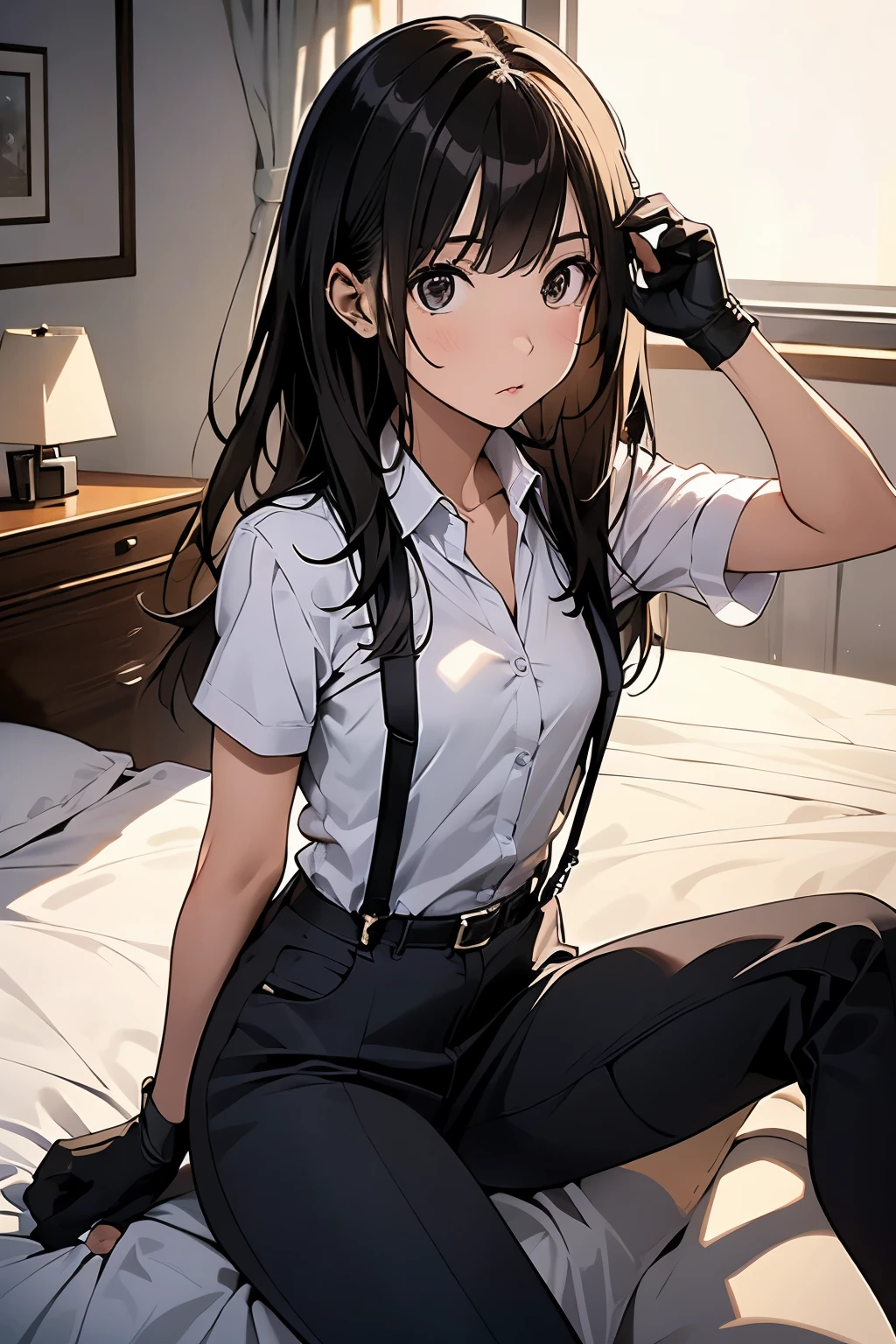 1 female, , high quality, masterpiece, Ultra-high resolution, , Cinema Lighting, , , And the suspenders with the cranes flying Moderate breasts Small face holster Lying in bed Looking up Sweat belt summer 脇Sweat Black Hole Gloves suit shirt Black jacket Black trousers Leg Links ズボンにbelt holster Hands behind your back Anxious expression Looking up Anxious face, legs apart Spread your legs wide