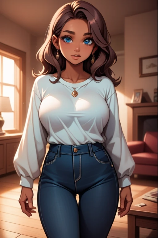 Best quality, solo mature woman, (dark skin) giant breasts, giant ass, very curvy, curly Brown hair, soft headband, brown eyes, full lips, seductive, smiling, cute blue pj top, cute blue pj shorts, from behind