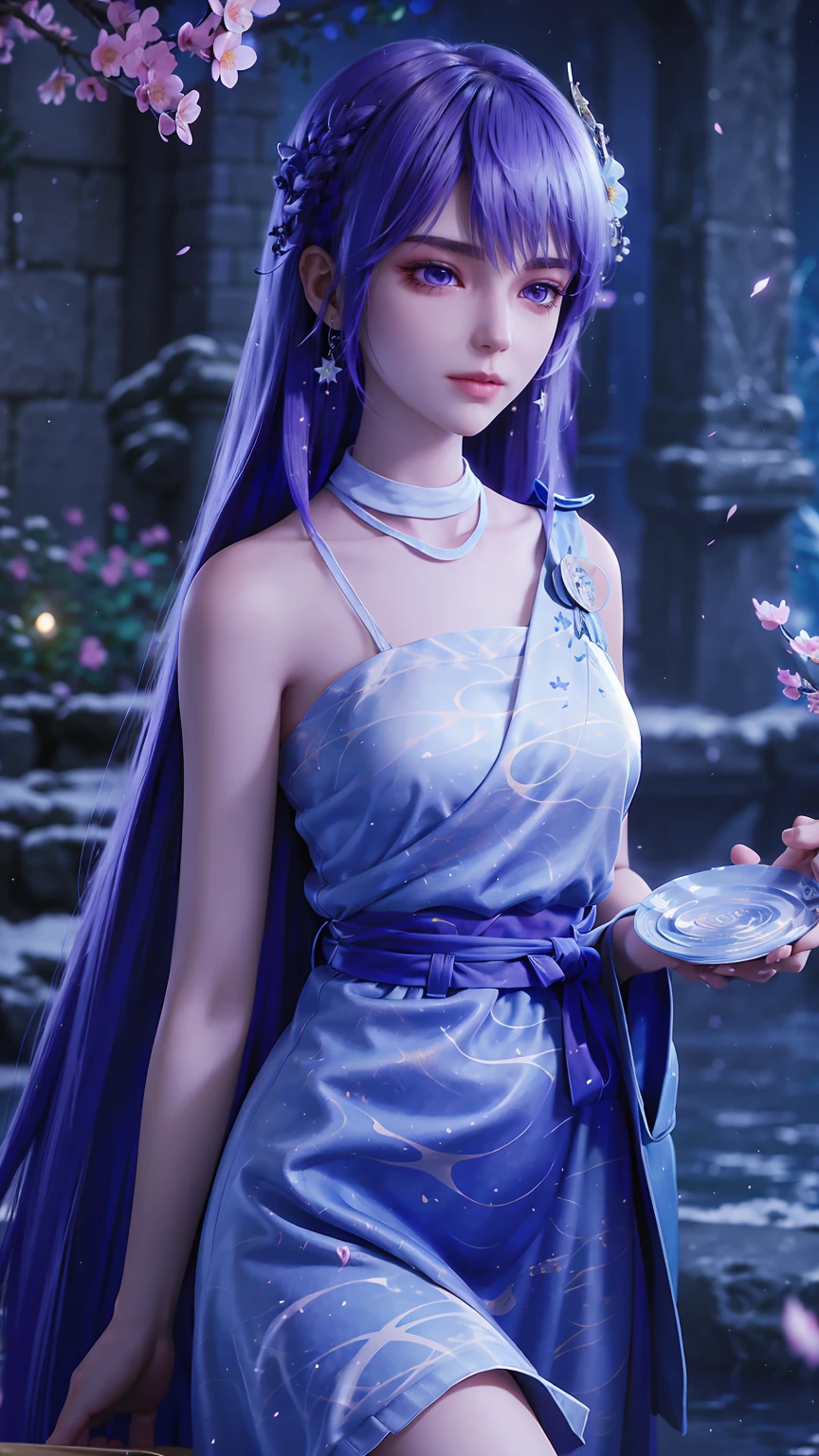 (Logo、masterpiece、8K、On the table、RAW photos、wonderful、最high quality、Photorealistic and hVery detailed CG integrated 8K wallpaper、high quality、Very detailed、Narrative Poems、Particle Effects、dynamic effect)、fantasy、 (1 beautiful woman、Pretty Face、serious、Beautiful and delicate eyes、Beautiful skin、Woman dancing gracefully:1.4)、头发在wind中飘舞、hair jump、camisole、Silver earrings、night、wind、snow and 霜、Very cold winter day、Bathtub side、wonderful scenery、美丽的自然wind光、night sky、wind、Cherry blossoms、Cherry blossomsの花びらが舞っている、Fubuki Sakura、Falling Flowers,Pink suspender pajamas,Lace-edged pajamas,Full body capture,Blue lace circle skirt