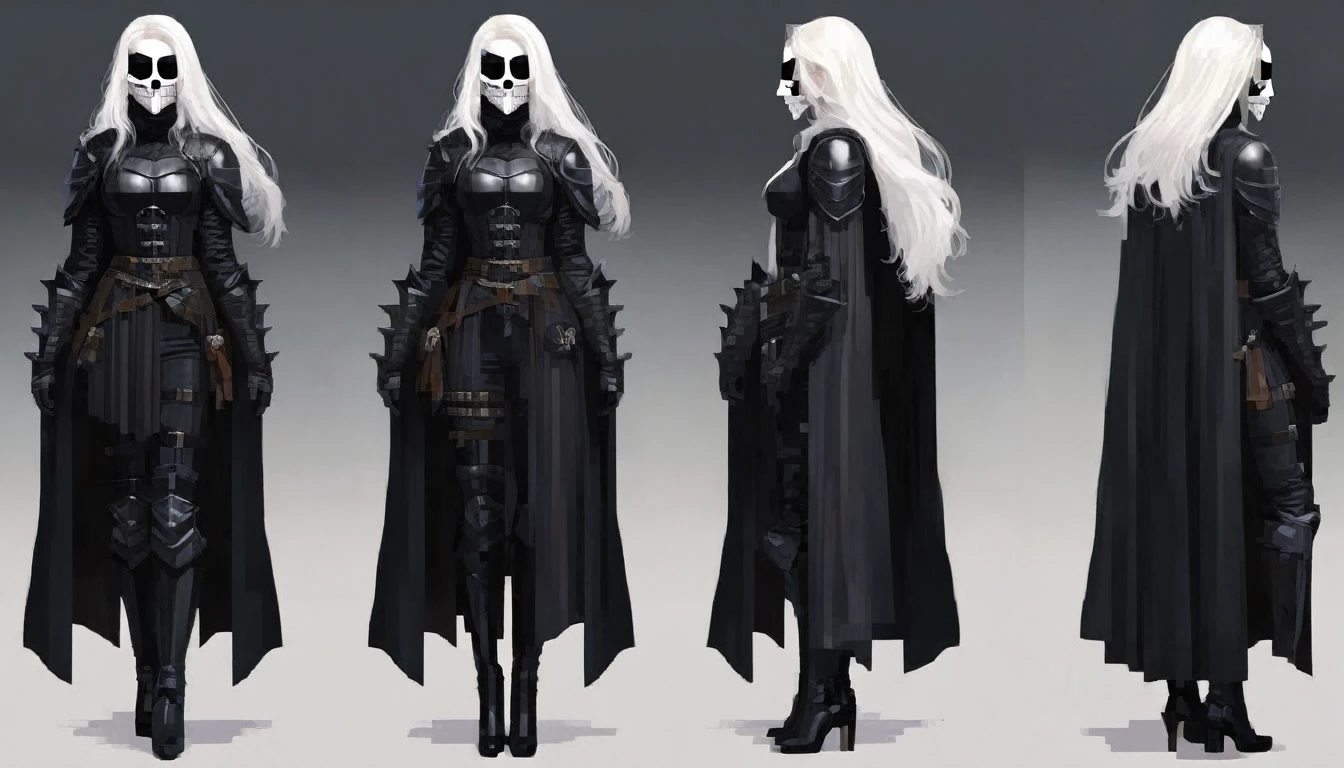 young woman, The Dark Knight, Long Black Robe, concept art, Black cuirass, gloomy plate gloves, white long hair, helmet with skull mask, 3 options