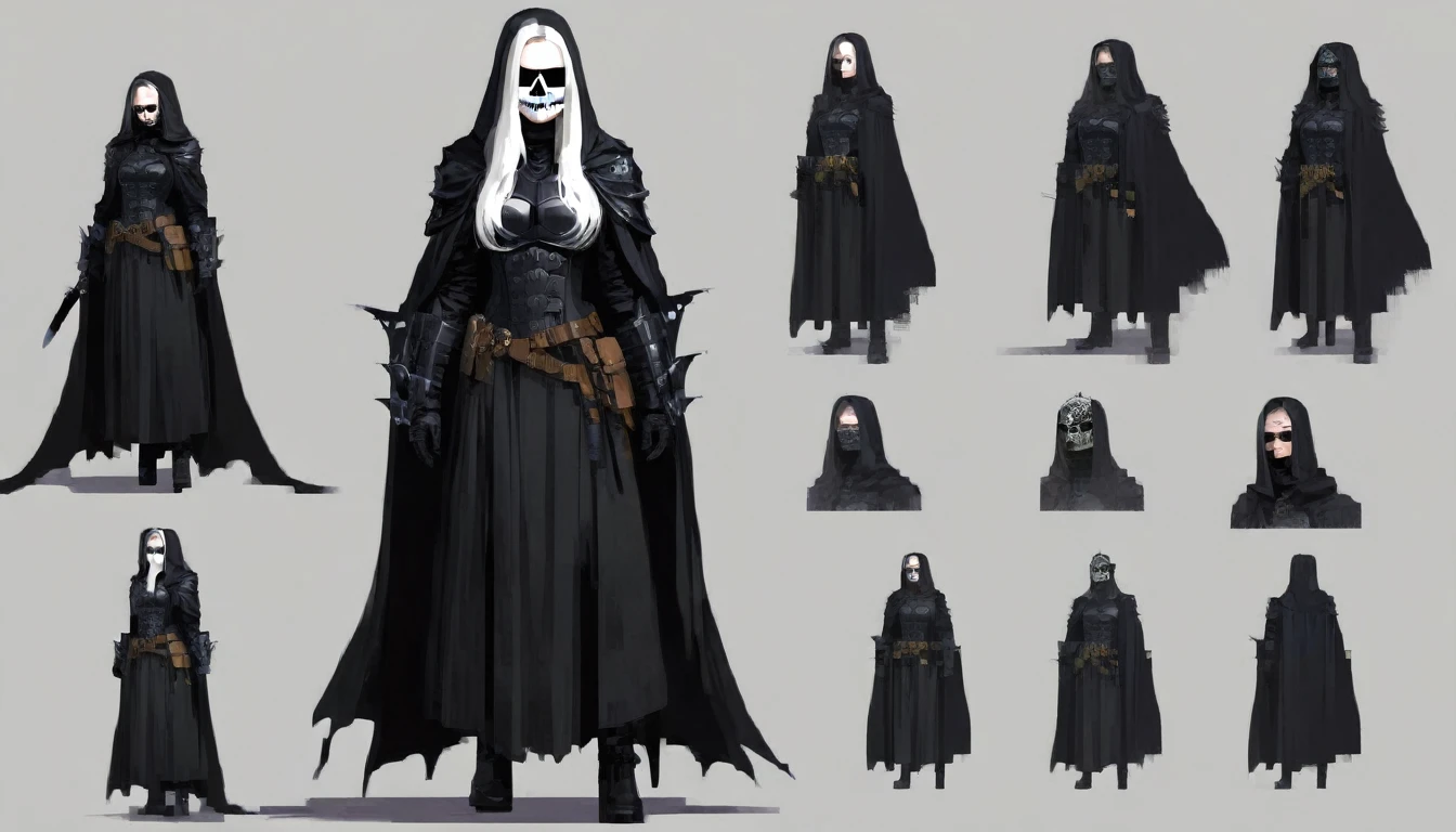 young woman, The Dark Knight, Long Black Robe, concept art, Black cuirass, gloomy plate gloves, white long hair, helmet with skull mask, 3 options