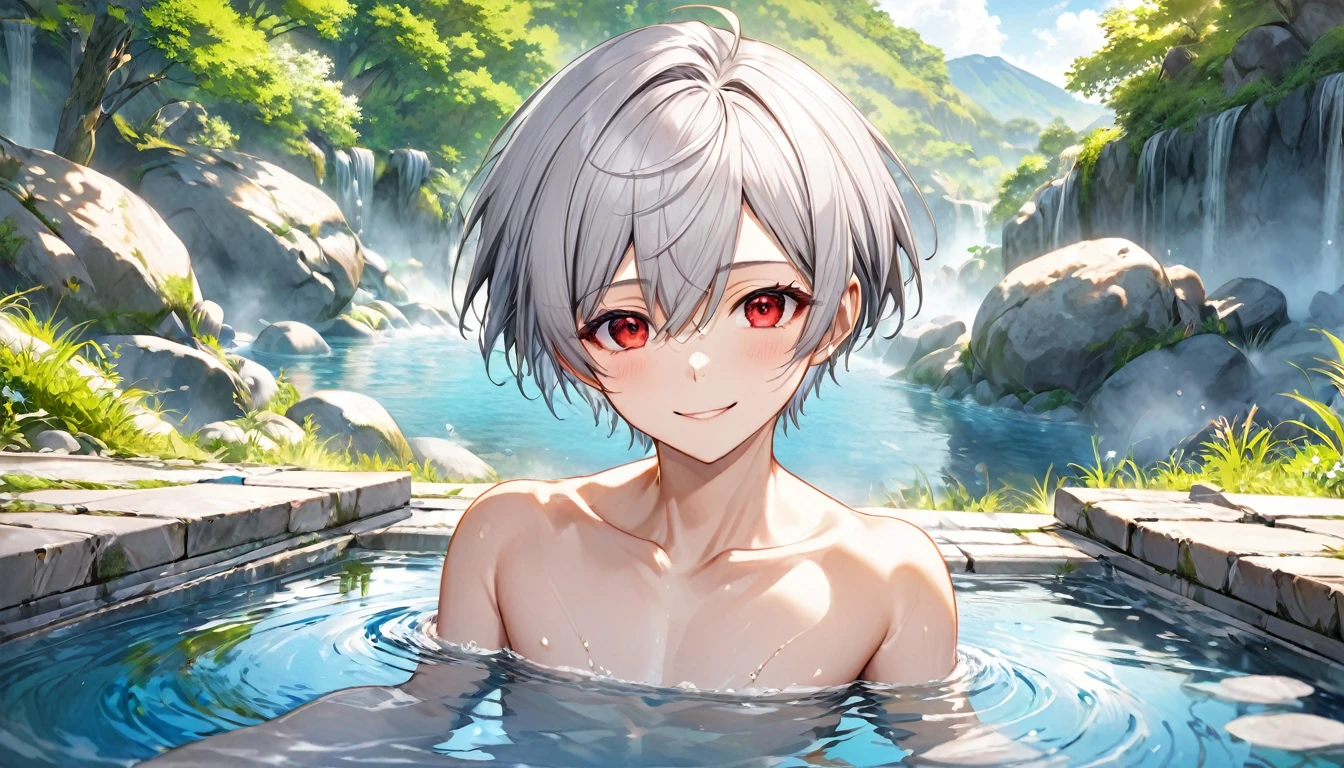 masterpiece, best quality, high quality,  1boy,****,, male focus, full body, looking at viewer, white blue hair,spiky hairstyle, short hair, steam smork, japan style,  anime coloring, crying, home muji style, detailed face, topless, white towel on waist,finely eye and detailed face,bulge, onsen japanese style