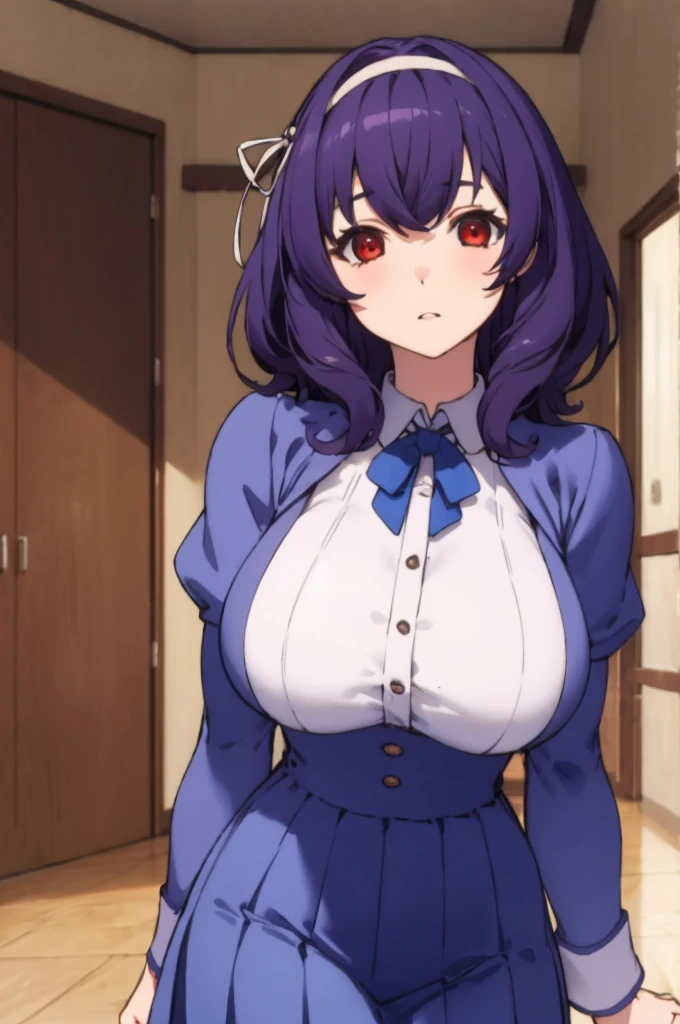 masterpiece, best quality, highres,absurdres,ray_tracing,intricate details,depth of field, extremely delicate and beautiful,4k,1girl,cowboy shot, looking at viewer,
yamanobe tomo, purple hair, red eyes, medium hair,  , hairband, long sleeves, blue skirt, high waist skirt,
my room,huge breasts, curvy,    