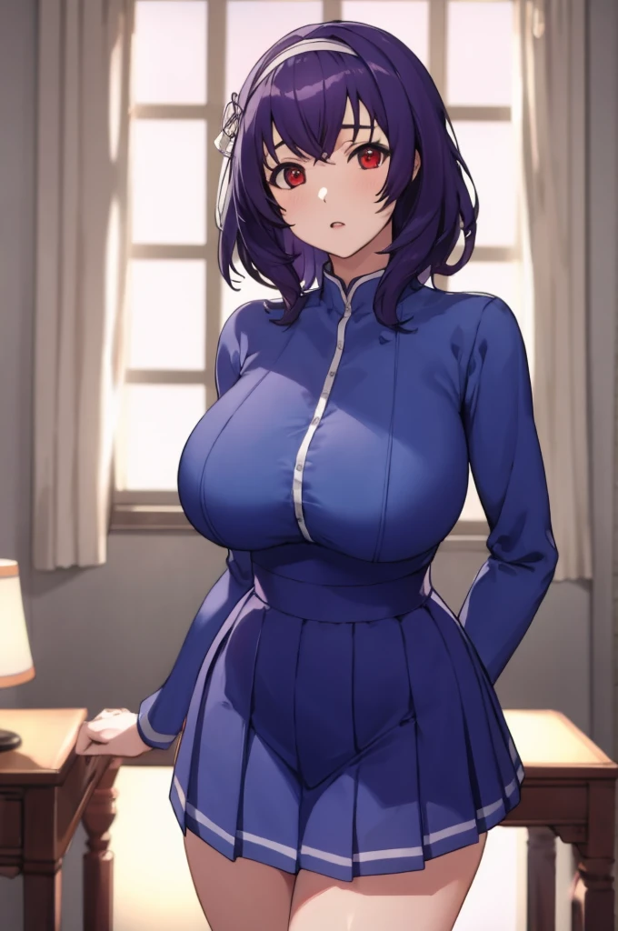 masterpiece, best quality, highres,absurdres,ray_tracing,intricate details,depth of field, extremely delicate and beautiful,4k,1girl,cowboy shot, looking at viewer,
yamanobe tomo, purple hair, red eyes, medium hair,  , hairband, long sleeves, blue skirt, high waist skirt,
my room,huge breasts, curvy,    