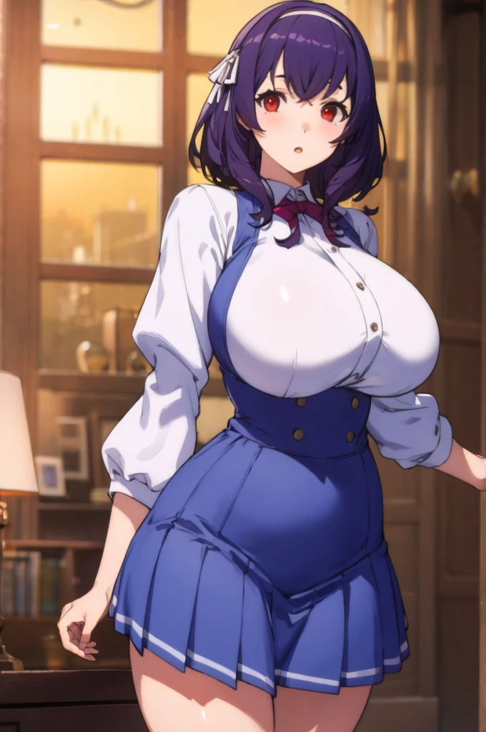 masterpiece, best quality, highres,absurdres,ray_tracing,intricate details,depth of field, extremely delicate and beautiful,4k,1girl,cowboy shot, looking at viewer,
yamanobe tomo, purple hair, red eyes, medium hair,  , hairband, long sleeves, blue skirt, high waist skirt,
my room,huge breasts, curvy,    