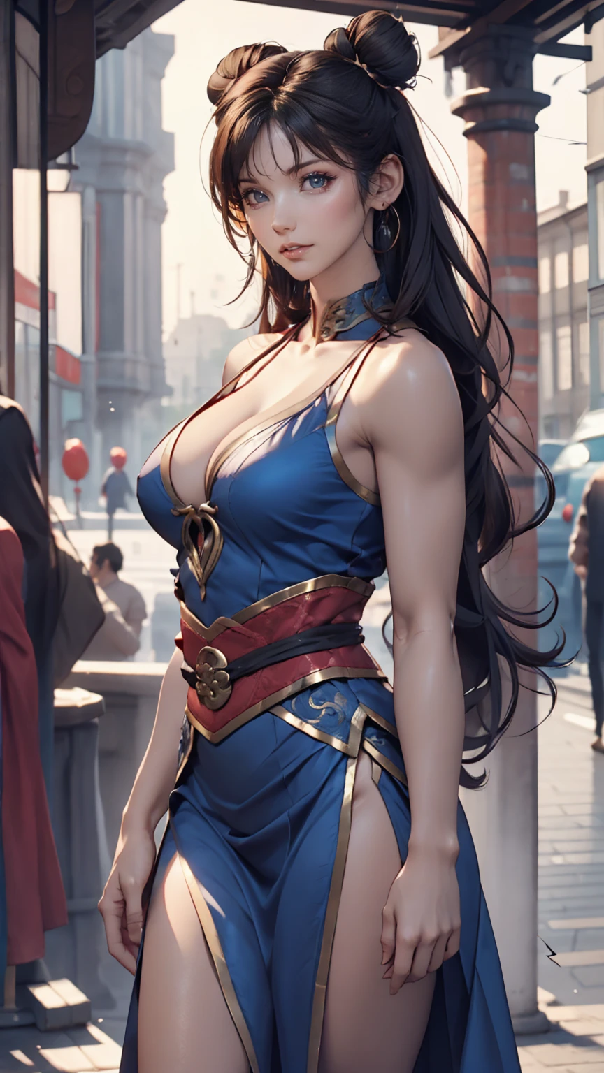 Chun-Li from Street Fighter 2、Wearing a blue Chinese dress、Toned body、Bun Hair、Sexy、Sexy proportions、Showing off beautiful legs、adult、sexuell、Wear kung fu shoes、Upper Kick