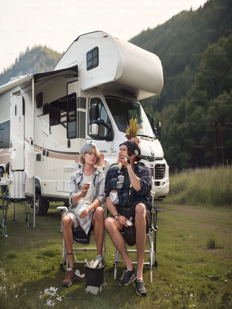 There are two men sitting on chairs in front of the camper., next to an RV, shutter, Best selection on Adobe Stock, camping, author：Emma Andijewska, RV, Pop Art, afternoon hangout, author：Antoine Wiertz, author：Andrei Wroblewski, Glamping, Grill some sausages on the fire