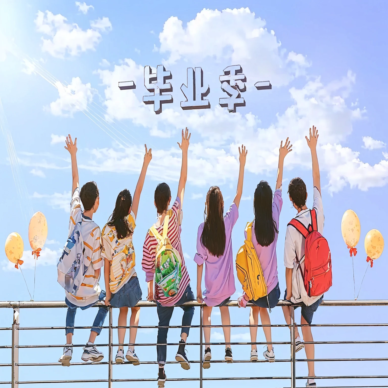 there are many children standing on a fence with their hands up, highschool background, poster ; summer, on a sunny day, high quality fanart, official fanart, 2 0 2 0 s promotional art, exciting illustration, art cover, official fan art, there is blue sky, 8k --height 768, [ digital art ]!!, poster illustration