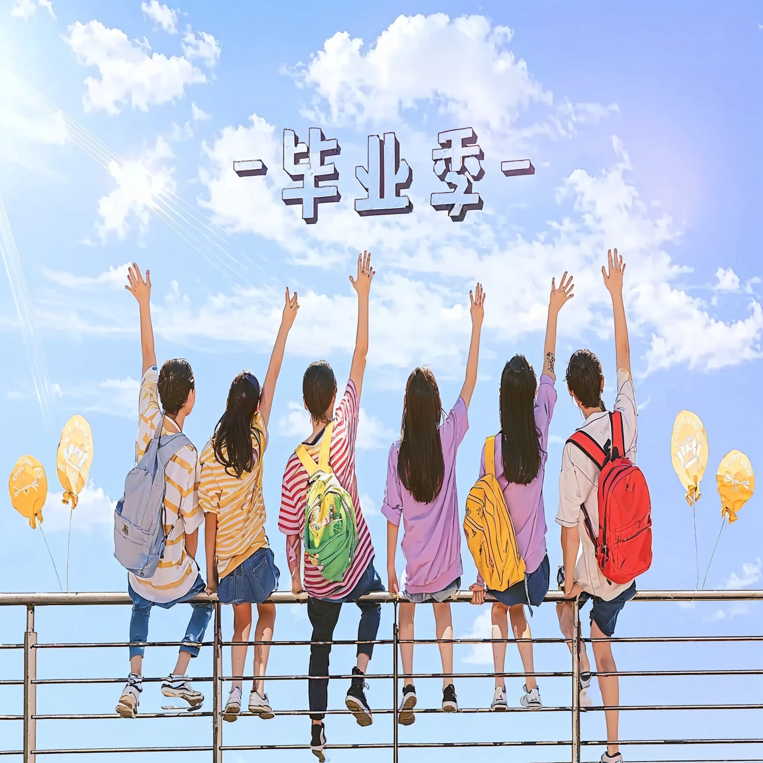 there are many children standing on a fence with their hands up, highschool background, poster ; summer, on a sunny day, high quality fanart, official fanart, 2 0 2 0 s promotional art, exciting illustration, art cover, official fan art, there is blue sky, 8k --height 768, [ digital art ]!!, poster illustration