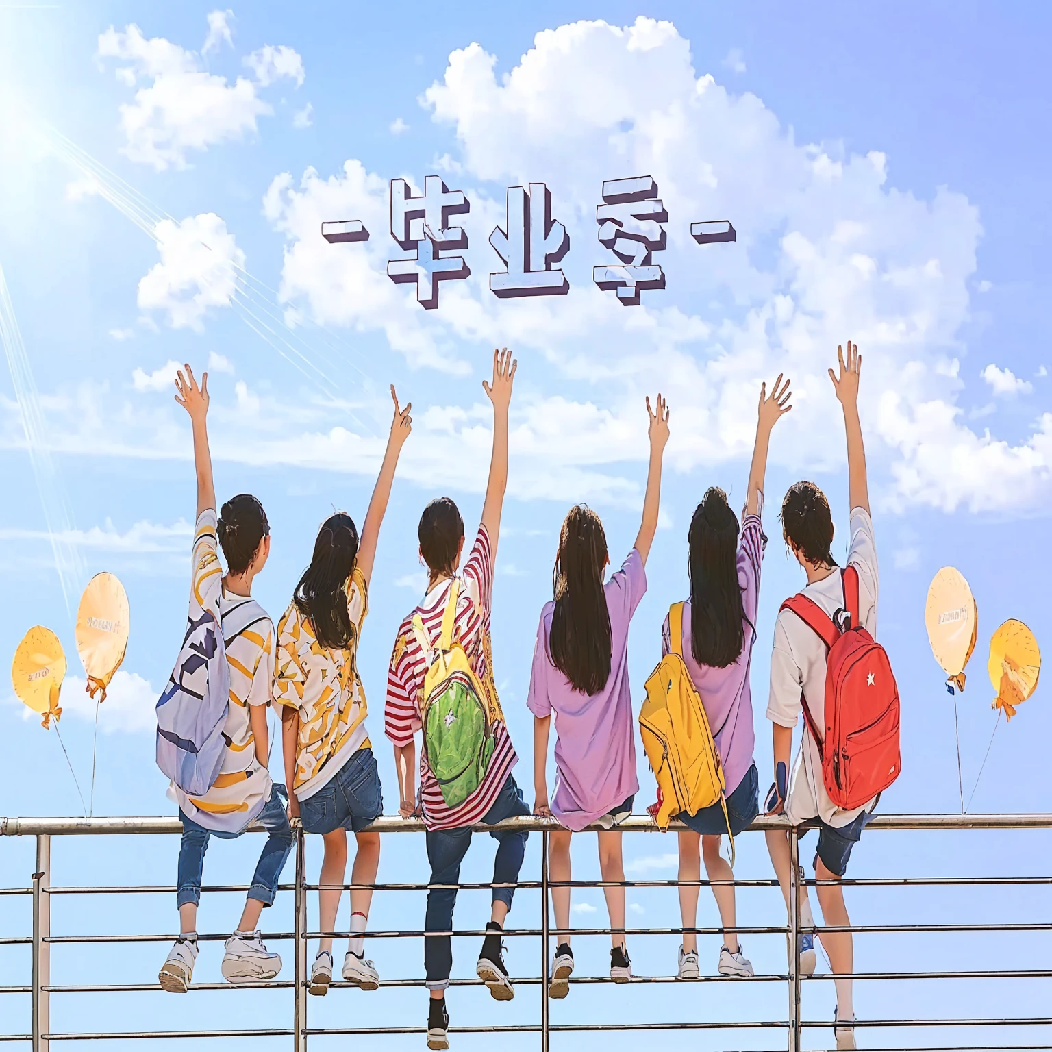 there are many children standing on a fence with their hands up, highschool background, poster ; summer, on a sunny day, high quality fanart, official fanart, 2 0 2 0 s promotional art, exciting illustration, art cover, official fan art, there is blue sky, 8k --height 768, [ digital art ]!!, poster illustration