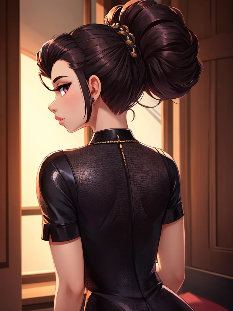 Updo, focus nape, turning around , glossy lips, seductive gaze