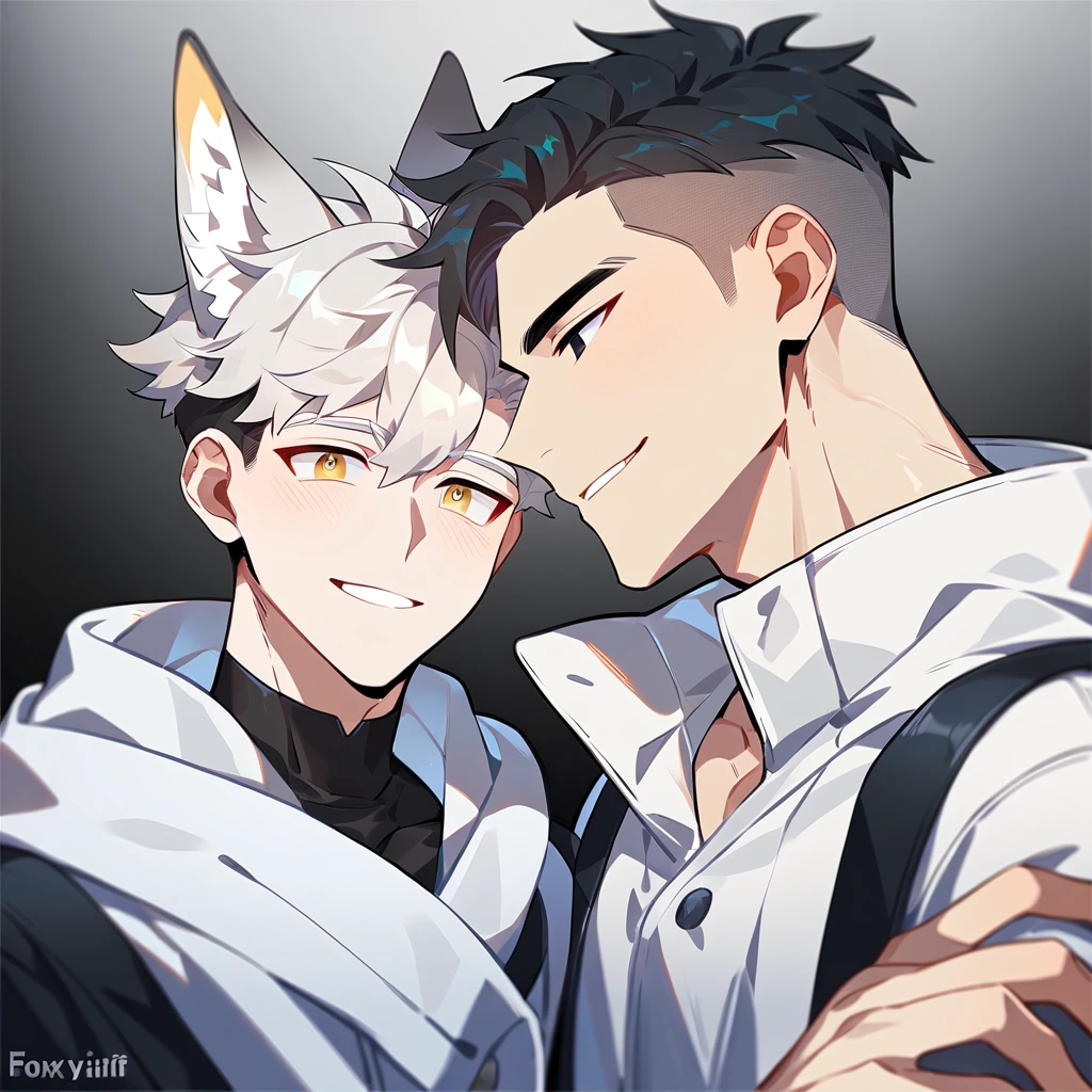 2 young men, focus man , Yaoi, pair,smile, short hair, silver blonde hair, golden eyes, Fox ears, Foxtail, black hair, Undercut style, black eyes , The best aesthetics , best quality, Amazing quality, The best aesthetics