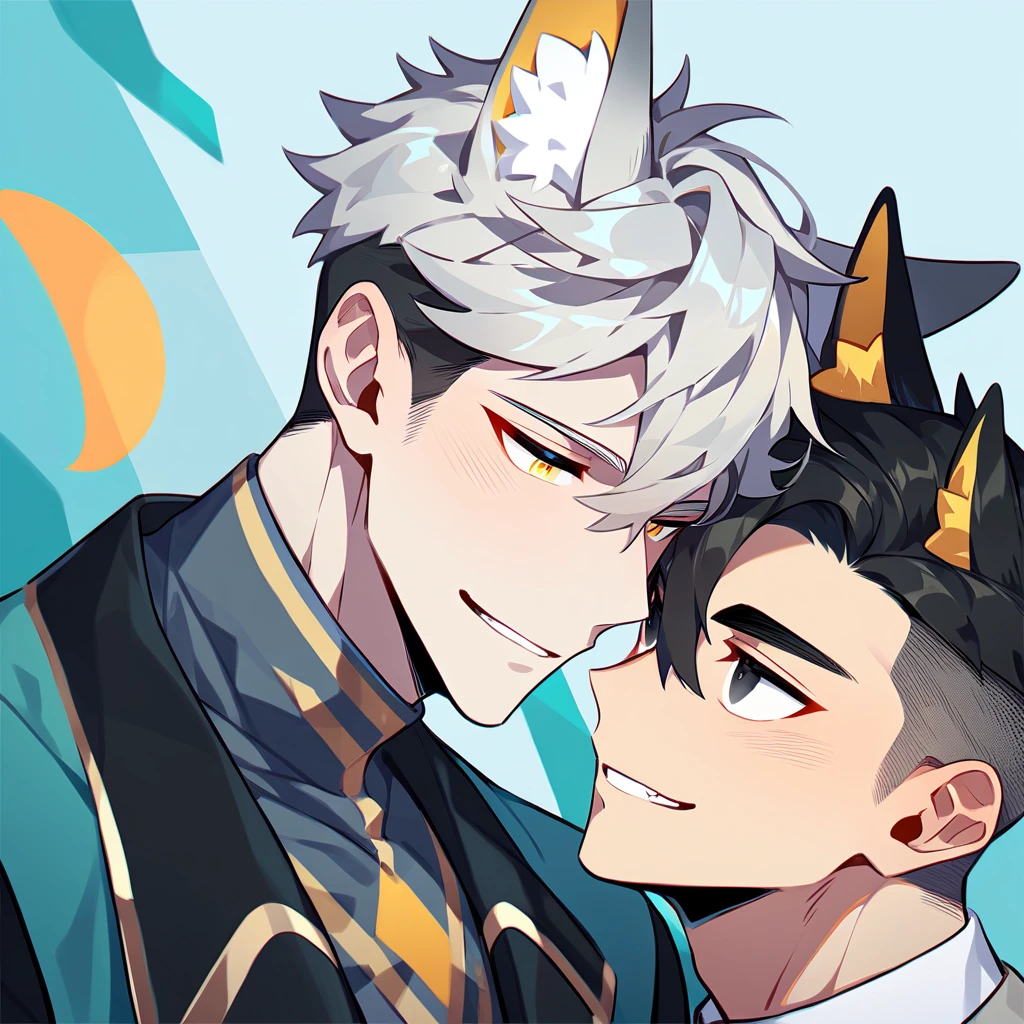 2 young men, focus man , Yaoi, pair,smile, short hair, silver blonde hair, golden eyes, Fox ears, Foxtail, black hair, Undercut style, black eyes , The best aesthetics , best quality, Amazing quality, The best aesthetics