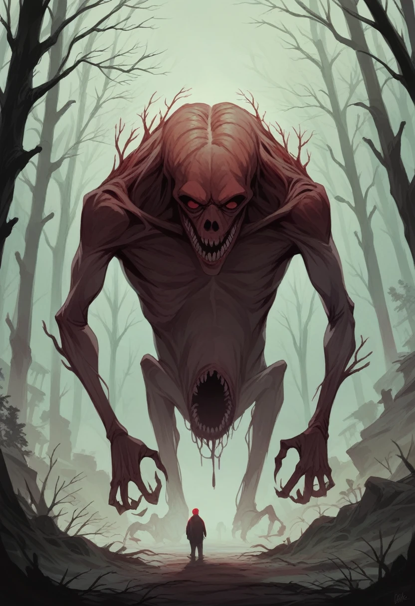 shadow figure, scary, horror, forest, red led, red graffiti, fog, 8k, high quiality, ambient occlusion