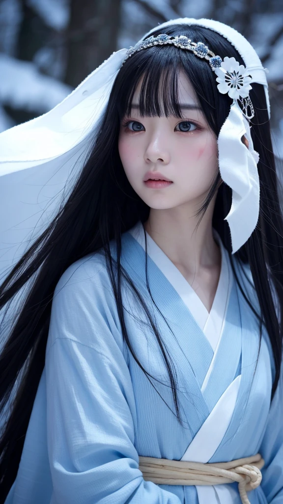 arte de Yuki Onna, Eye close-up. Beautiful Japanese Women, Pale skin, Long black hair, Piercing blue eyes. She is wearing a white kimono that flutters in the wind during a snowstorm., Unforced bottom, Horror Style