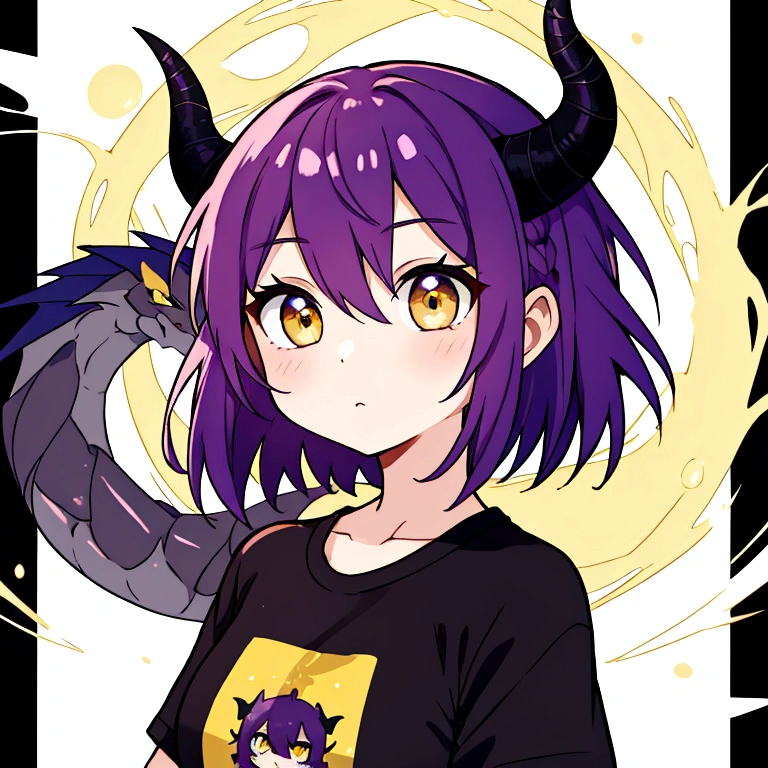 masterpiece, Highest quality, One Woman, Purple Hair, Yellow Eyes, Short Hair, piece, Black T-shirt, Dragon's Horn