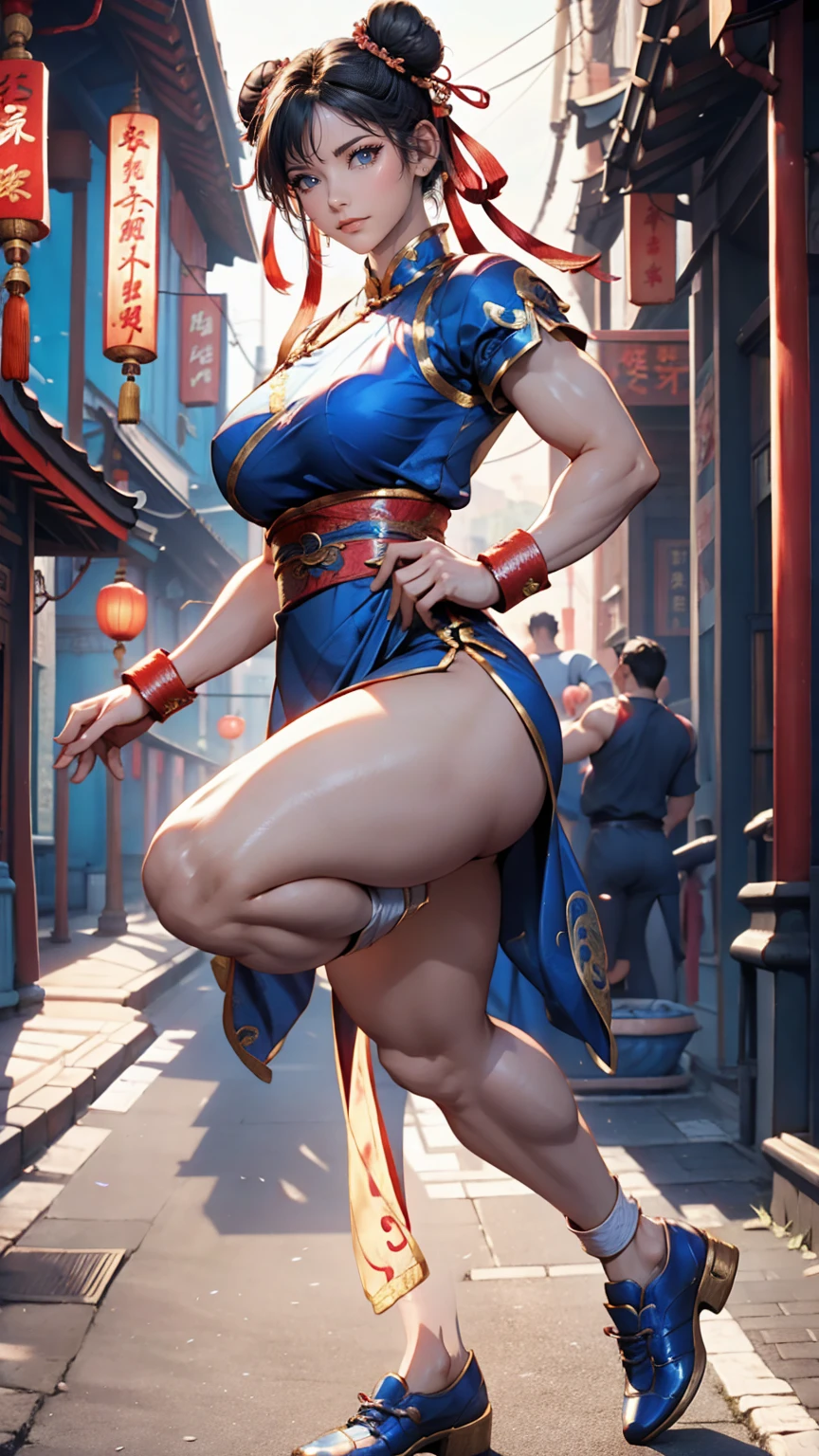 Chun-Li from Street Fighter 2、Wearing a blue Chinese dress、Toned body、Bun Hair、Sexy、Sexy proportions、Showing off beautiful legs、adult、sexuell、Wear kung fu shoes、Upper Kick