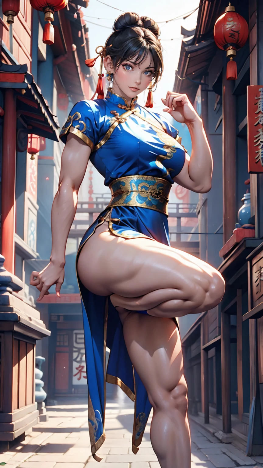 Chun-Li from Street Fighter 2、Wearing a blue Chinese dress、Toned body、Bun Hair、Sexy、Sexy proportions、Showing off beautiful legs、adult、sexuell、Wear kung fu shoes、Upper Kick
