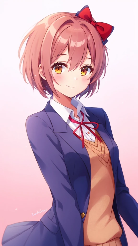 one girl, Sayori, DDLC, Doki Doki Literature Club, hair bow, short hair, school blazer, smile