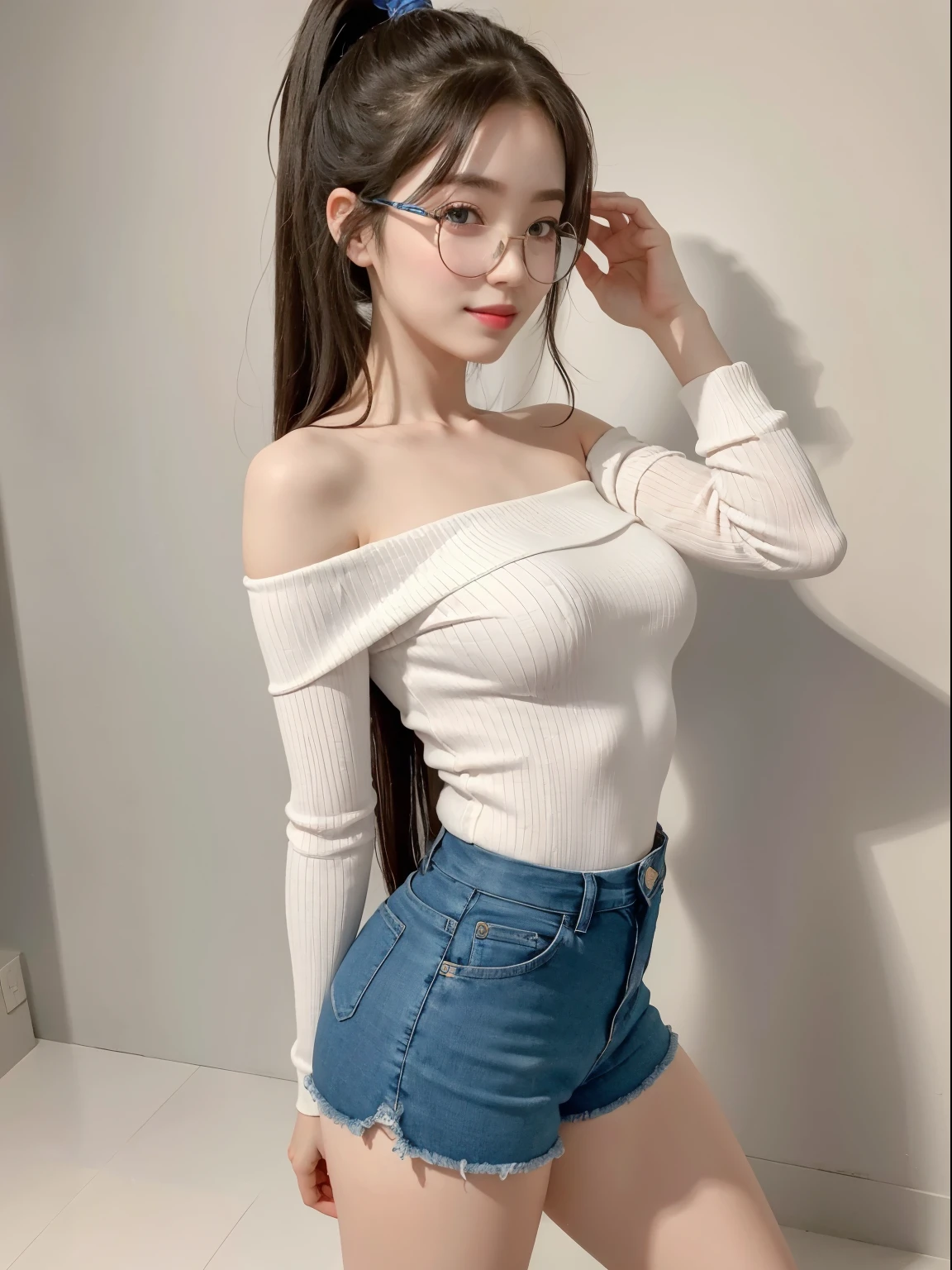 (Best quality, masterpiece, detailed), (RAW, 4k, hd images), 1 girl, 17 years old, white skin, long hair, ponytail, layers hair, bangs, black hair, beautiful girl, cute girl, sweet girl, pretty girl, perfect girl, perfect body, pretty eyes, blue eyes, thin lips, (eye line, lip soft), perfect round breast, glasses(detailed frame), simple background, smile, thigh, legs, off shoulder, short pants, full body, standing pose, free style pose,side angle capture