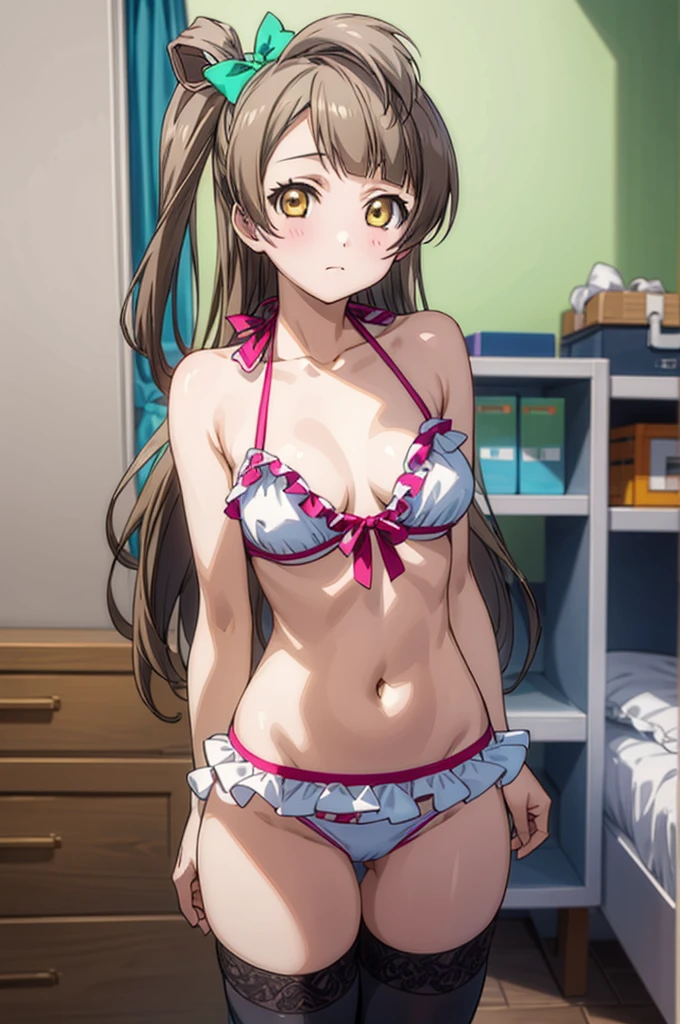 (((pixel-perfect, detail-perfect))), solo, 1girl, kotori minami, , looking at viewer, ,bikini,my room,,nsfw,medium breasts,frill,black thighhighs