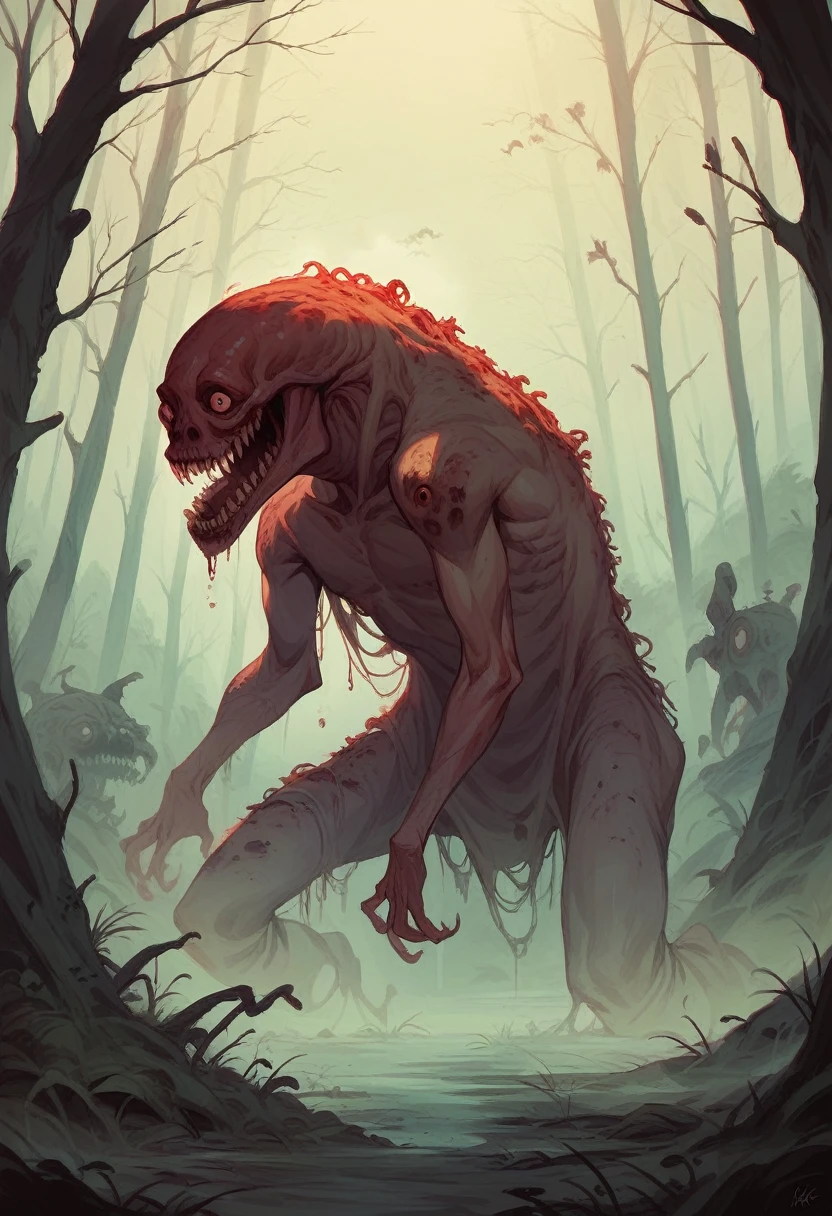 monster, scary, horror, forest, red led, red graffiti, fog, 8k, high quiality, ambient occlusion