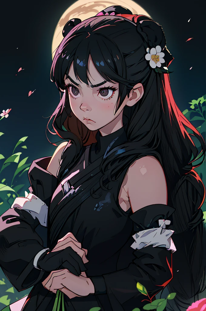 Girl, black long hair, flower crown, black eyes, serious face, focused face, Black arm warmers,black leg warmers,black shirt, holding panda, night, building,moon