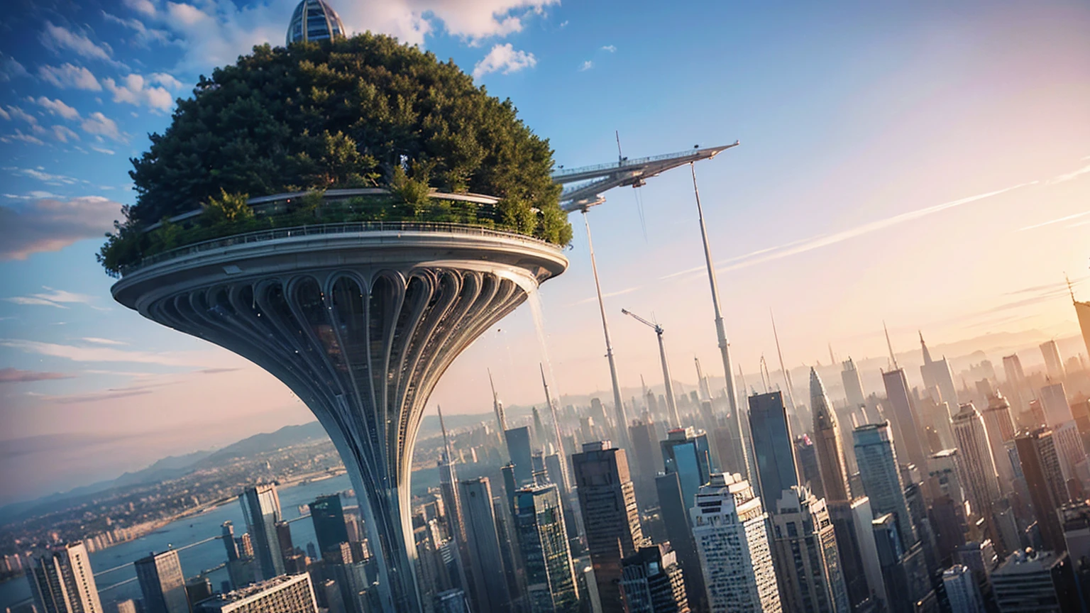 (Best quality,4K,8K,A high resolution,Masterpiece:1.2),Ultra-detailed,(Realistic,Photorealistic,photo-realistic:1.37),Futuristic floating city,Futuristic technology,Huge urban high-tech tablet platform,Airship,Floating in the sky,Futuristic city,Small airships around,High-tech hemispherical platform,Colorful lights,Advanced architecture,modernn architecture,skyscrapper,Access the cloud,Scenic beauty,view over city,Impressive design,Blend seamlessly with nature,energetic and vibrant atmosphere,Futuristic transportation system,Parking is suspended,Transparent path,Lush greenery,Sky gardens,cascading waterfalls,Magnificent skyline,reflections on the water,Sparkling river,Architectural innovation,futuristic skyscrapers,Transparent dome,The shape of the building is unusual,Elevated walkway,Impressive skyline,Glowing lights,Futuristic technology,Minimalist design,Scenic spots,Panoramic view,Cloud Piercing Tower,Vibrant colors,epic sunrise,epic sunset,Dazzling light display,magical ambiance,The future city,Urban Utopia,LuxuryLifestyle,Innovative energy,sustainable development,Smart city technology,Advanced infrastructure,Tranquil atmosphere,Nature and technology live in harmony,Awesome cityscape,Unprecedented urban planning,Architecture connects seamlessly with nature,High-tech metropolis,A cutting-edge engineering marvel,The future of urban living,Visionary architectural concept,Energy-efficient buildings,Harmony with the environment,A city floating above the clouds,Utopian dreams become reality,The possibilities are endless,State-of-the-art transportation network,Green energy integration,Innovative materials,Impressive holographic display,Advanced communication system,Breathtaking aerial view,Quiet and peaceful environment,Modernist aesthetics,Ethereal beauty