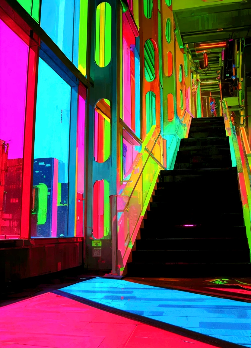 brightly lit stairs leading to a brightly lit building with a clock, psychedelic architecture, neon colors vibrant colors, vibrant neon colors, neon cyberpunk vibrant colors, ultraviolet and neon colors, neon cyberpunk colors, dreamy colorful cyberpunk colors, colorful projections, colorful architecture, hyper colorful, neon reflections, futuristic but colorful shading, vivid neon colors, futuristic neon