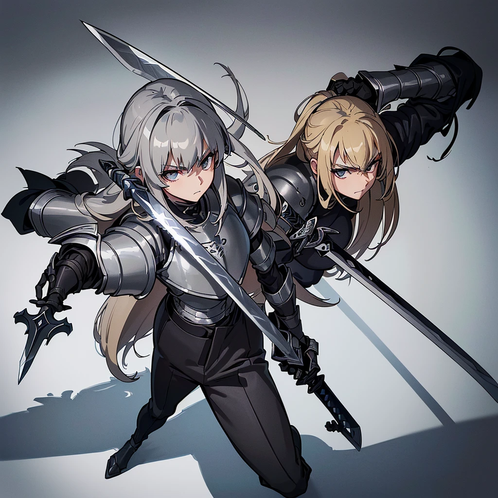 Best illustrations、Best Quality、(Full body character concept、detailed)、(((Simple grey armor、Black trousers、Black gloves))、(woman、18-year-old)、(Blonde、Long Hair)、(((Grab the sword、Get Ready)))、(From above at an angle)